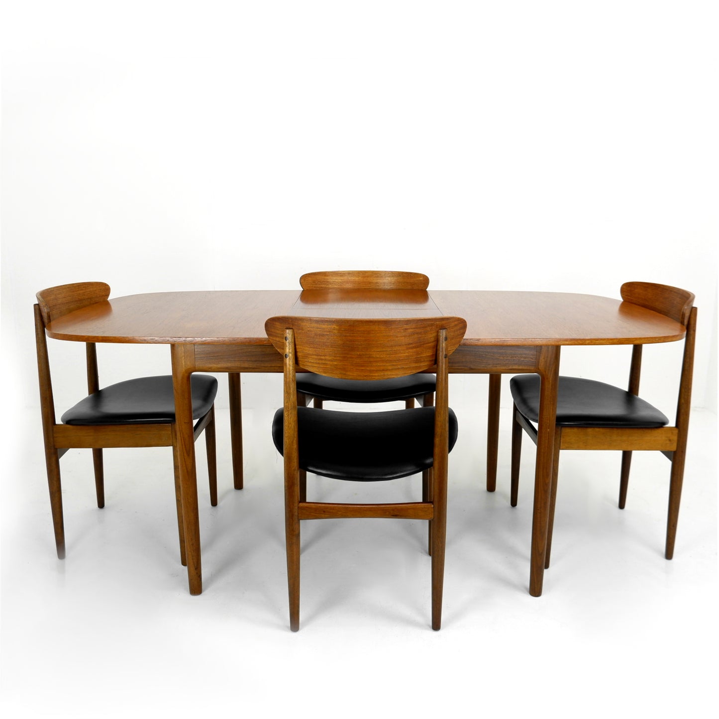 G PLAN Danish Range by Kfod Larsen Teak Dining Table and 4 Dining Chairs - NEW Black Vinyl Fabric - Mid Century Modern