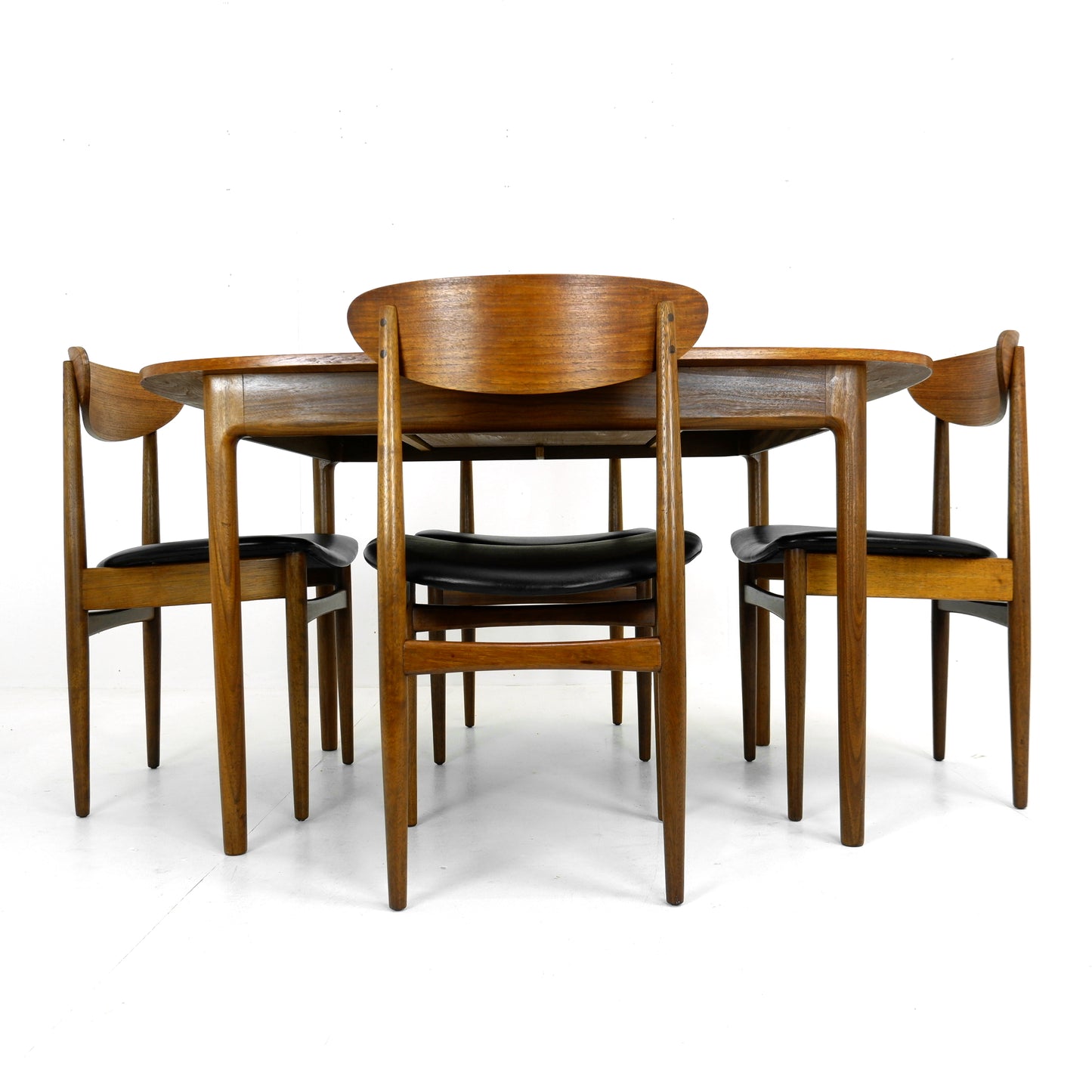 G PLAN Danish Range by Kfod Larsen Teak Dining Table and 4 Dining Chairs - NEW Black Vinyl Fabric - Mid Century Modern