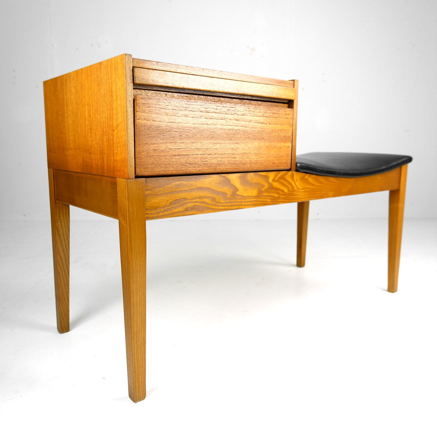 Mid Century Hallway Bench Seat / Telephone Table - Teak & Black Vinyl