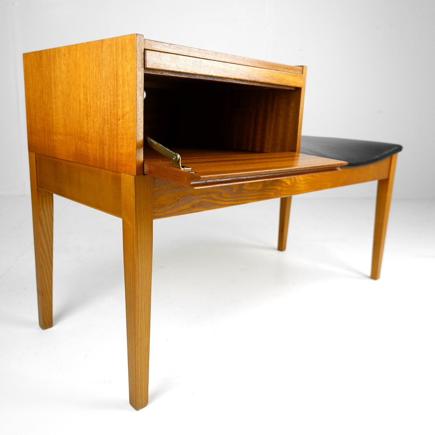 Mid Century Hallway Bench Seat / Telephone Table - Teak & Black Vinyl