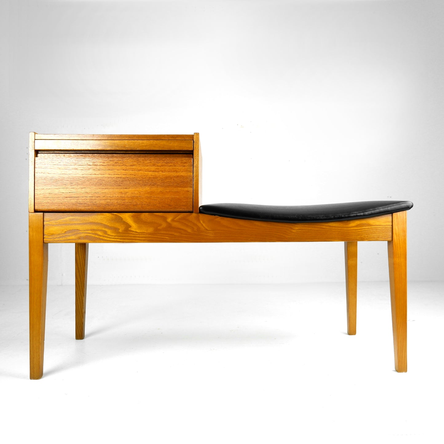 Mid Century Hallway Bench Seat / Telephone Table - Teak & Black Vinyl