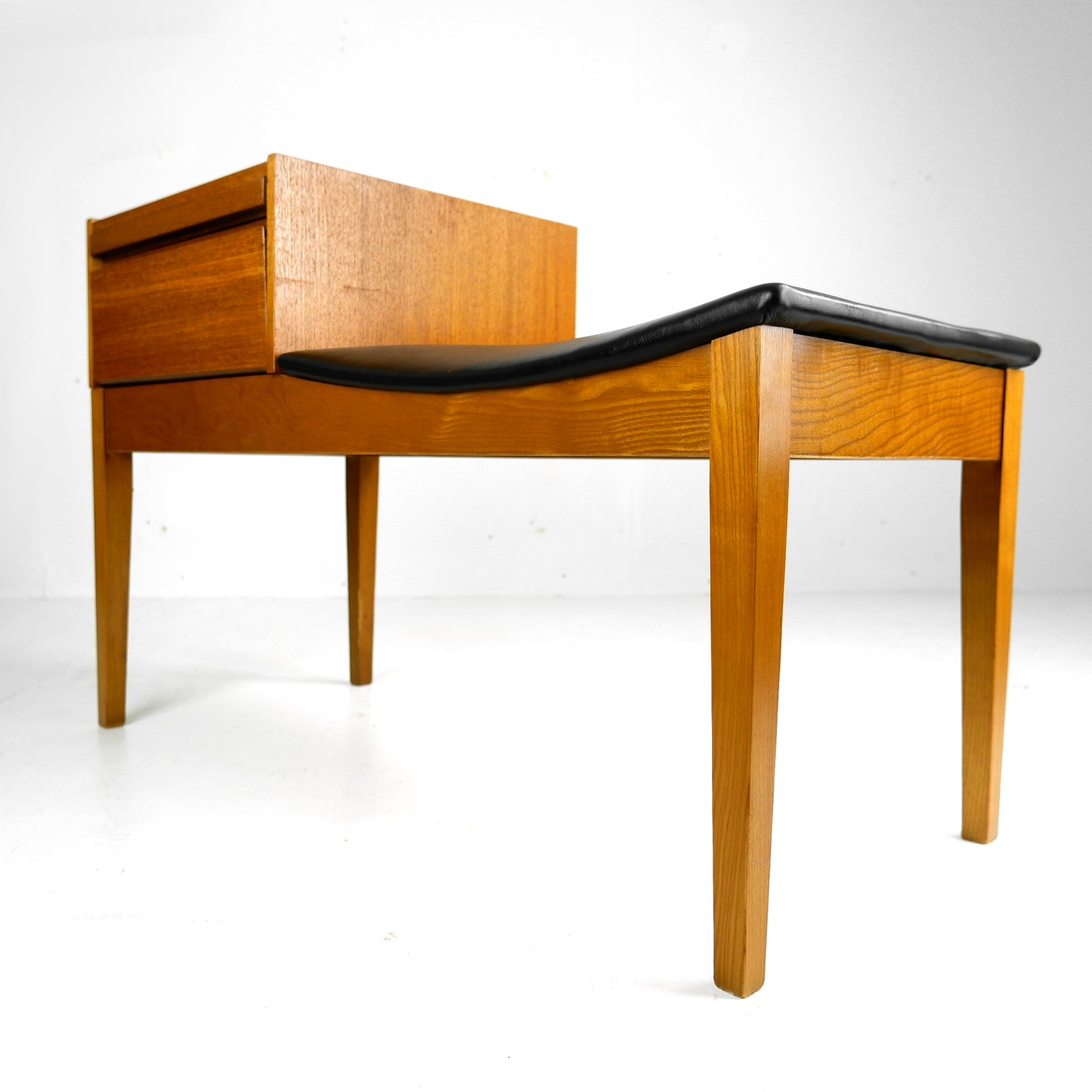 Mid Century Hallway Bench Seat / Telephone Table - Teak & Black Vinyl
