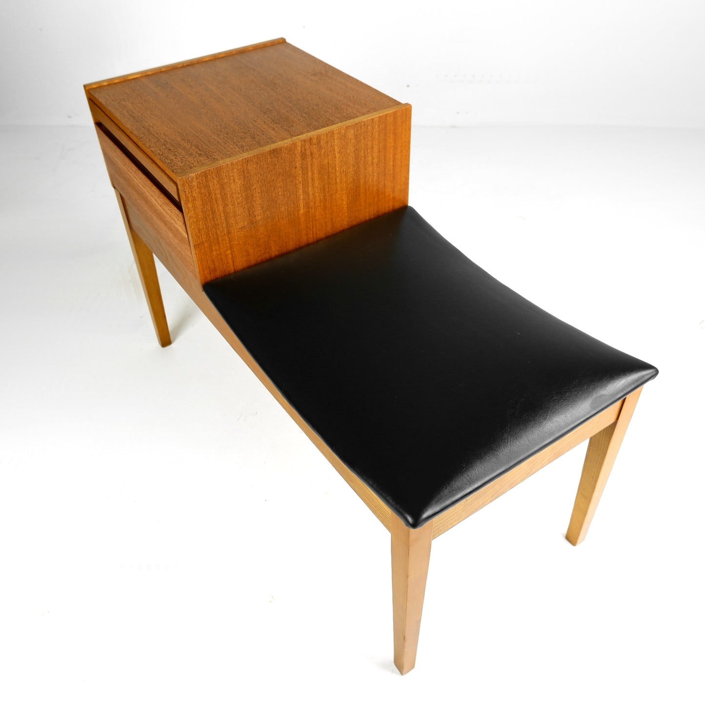 Mid Century Hallway Bench Seat / Telephone Table - Teak & Black Vinyl