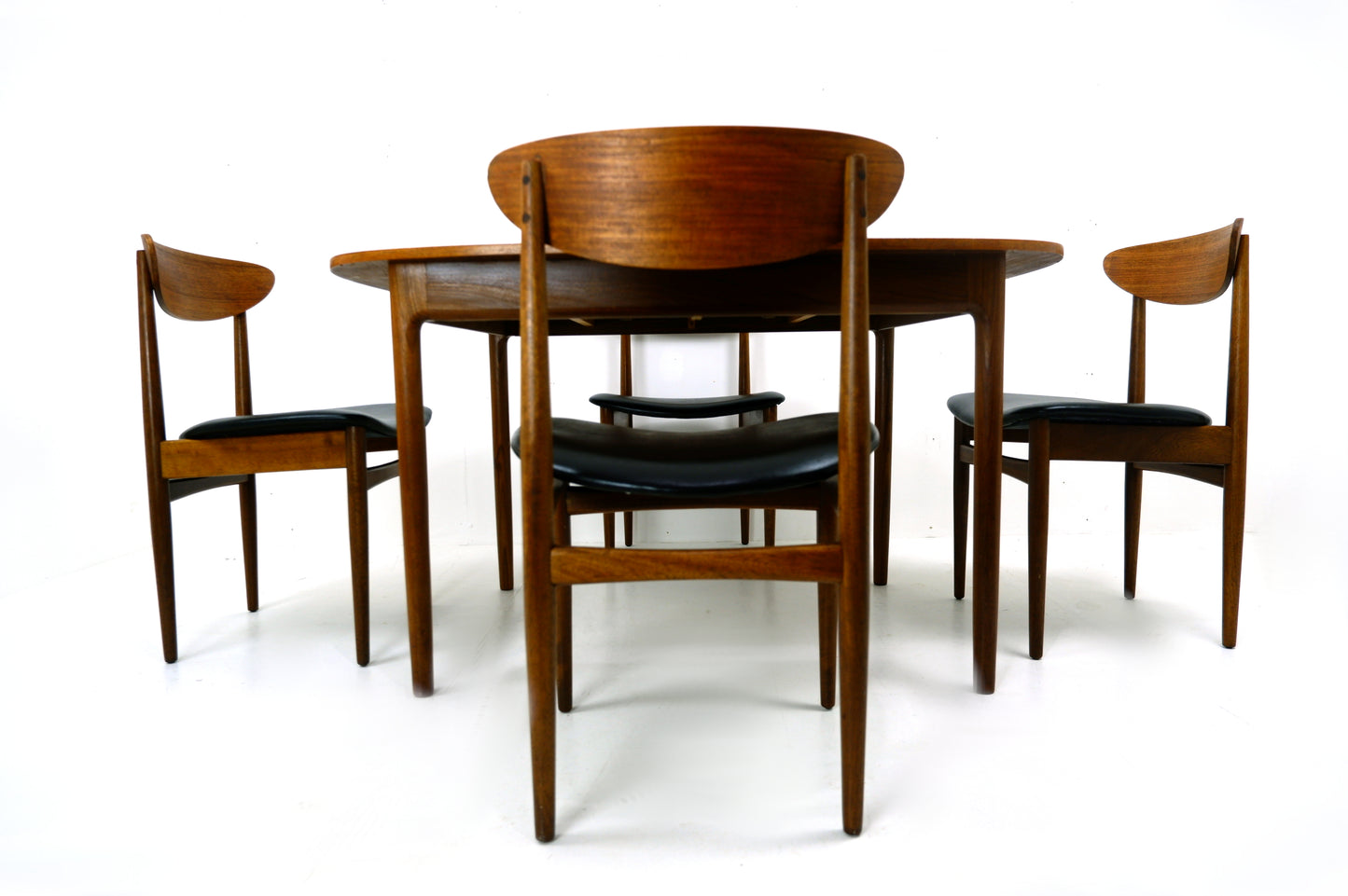 G PLAN Danish Range by Kfod Larsen Teak Dining Table and 4 Dining Chairs - NEW Black Vinyl Fabric - Mid Century Modern