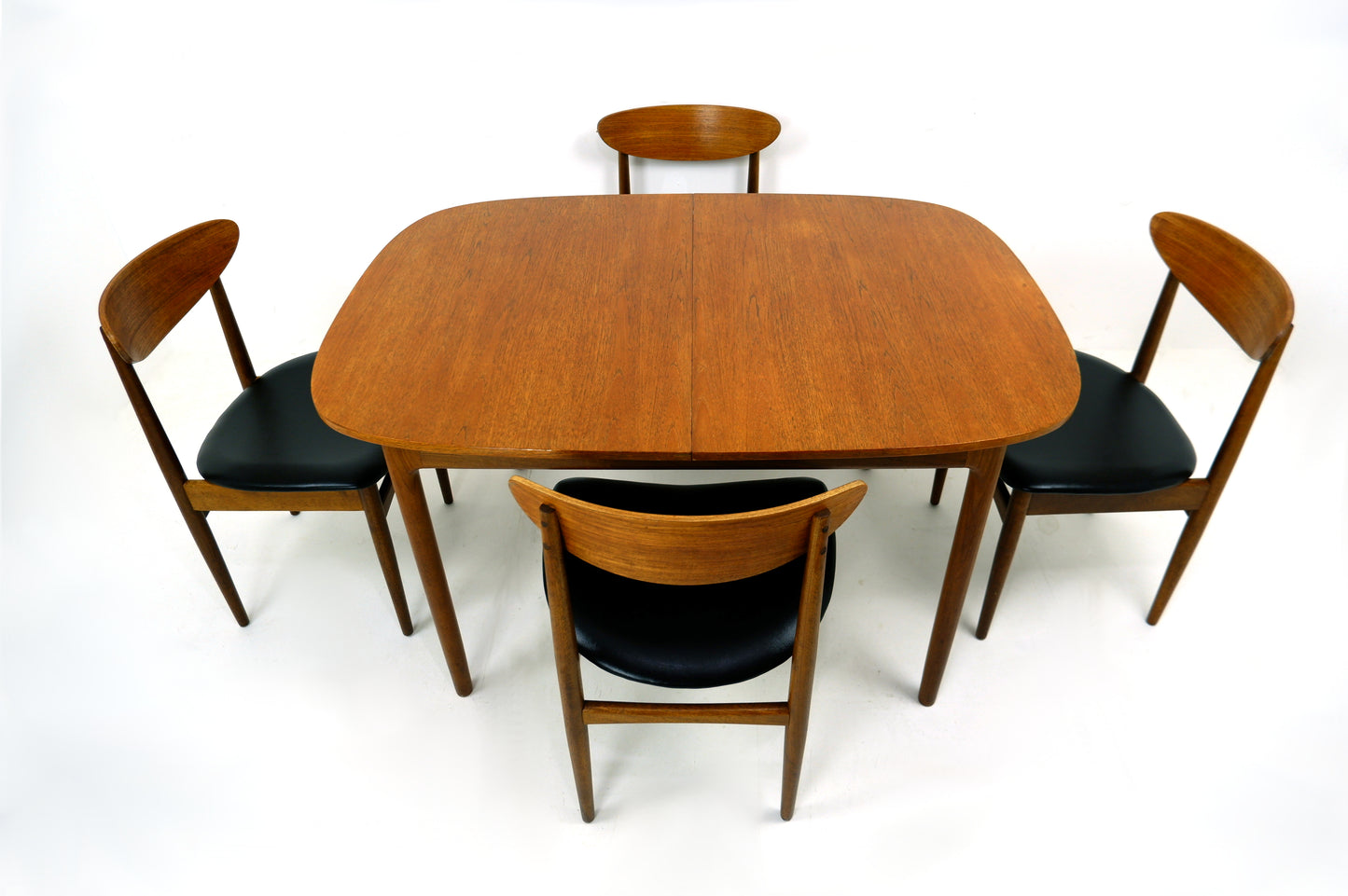 G PLAN Danish Range by Kfod Larsen Teak Dining Table and 4 Dining Chairs - NEW Black Vinyl Fabric - Mid Century Modern