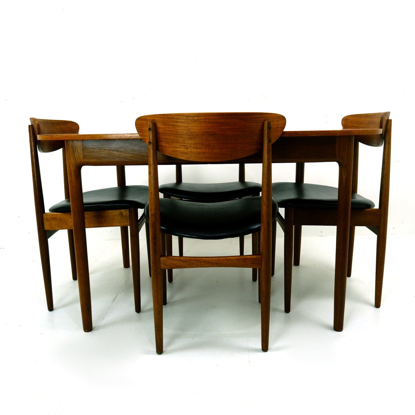 G PLAN Danish Range by Kfod Larsen Teak Dining Table and 4 Dining Chairs - NEW Black Vinyl Fabric - Mid Century Modern