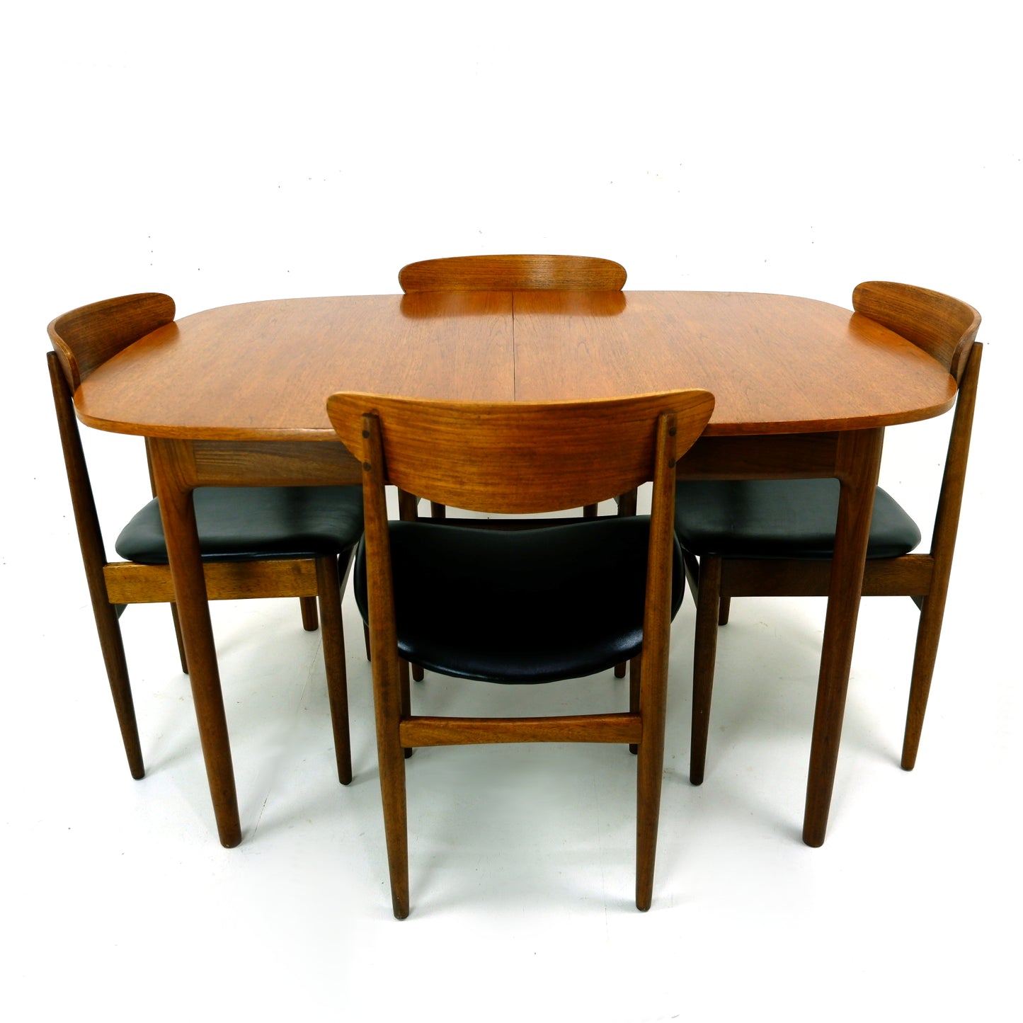 G PLAN Danish Range by Kfod Larsen Teak Dining Table and 4 Dining Chairs - NEW Black Vinyl Fabric - Mid Century Modern