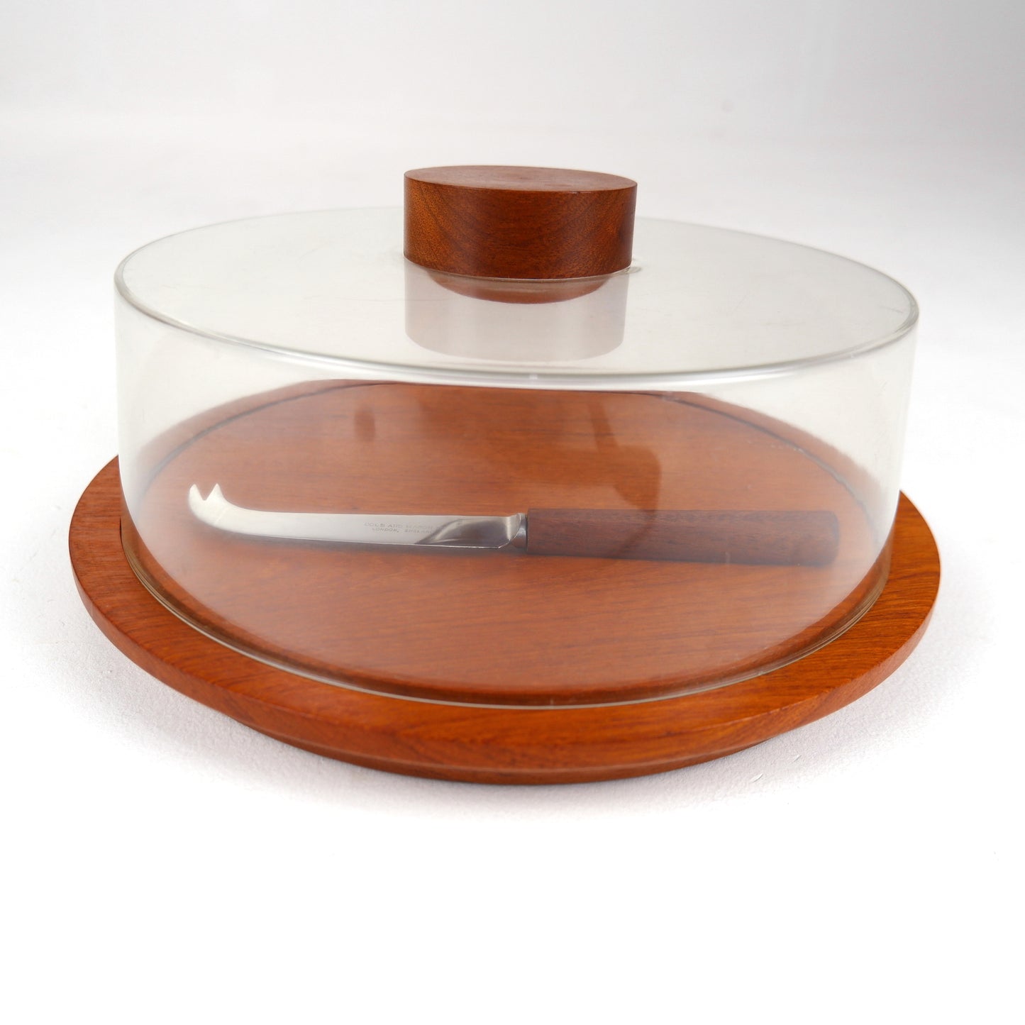 Modernist Cole & Mason Cheese Dome and Cheese Knife in Teak and Perspex - Mid Century Modern