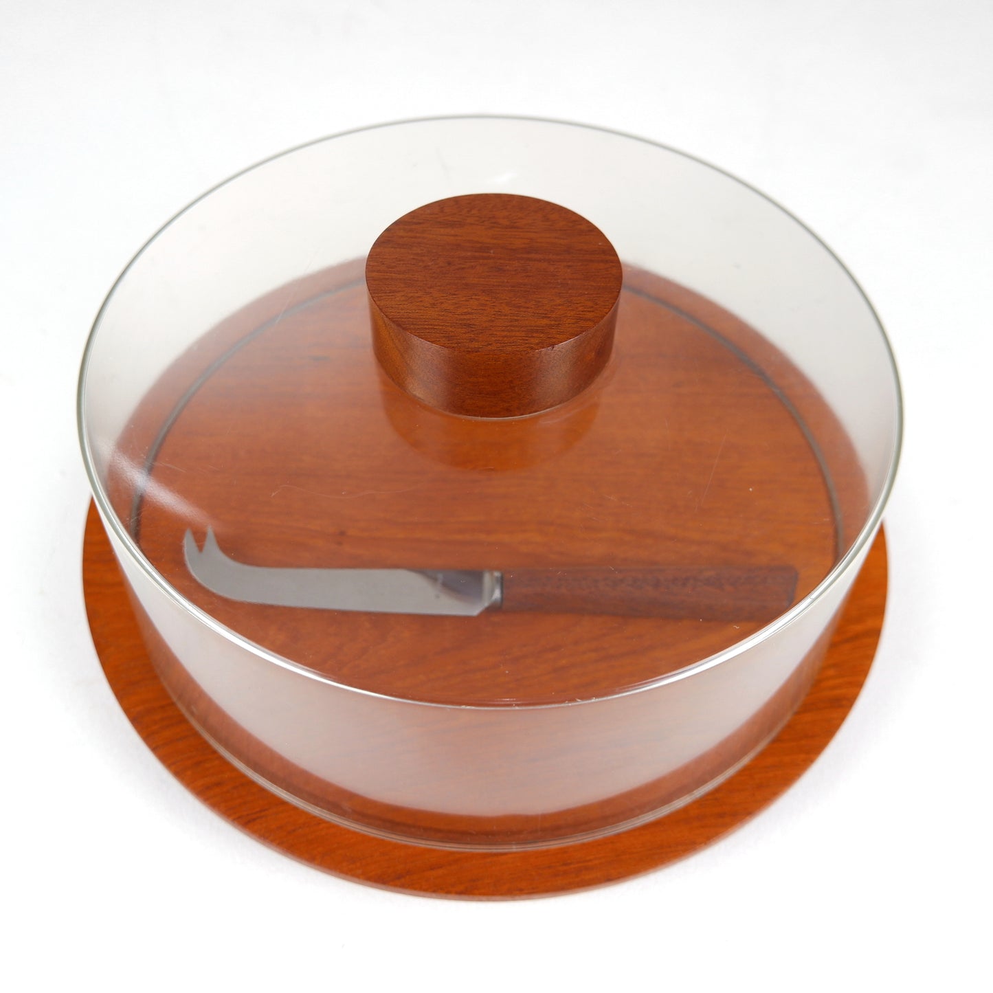 Modernist Cole & Mason Cheese Dome and Cheese Knife in Teak and Perspex - Mid Century Modern