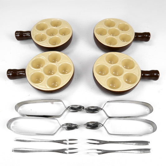 Vintage French EMILE HENRY Escargot Dishes with Snail Forks and Tongs - Mid Century Dining/Kitchen