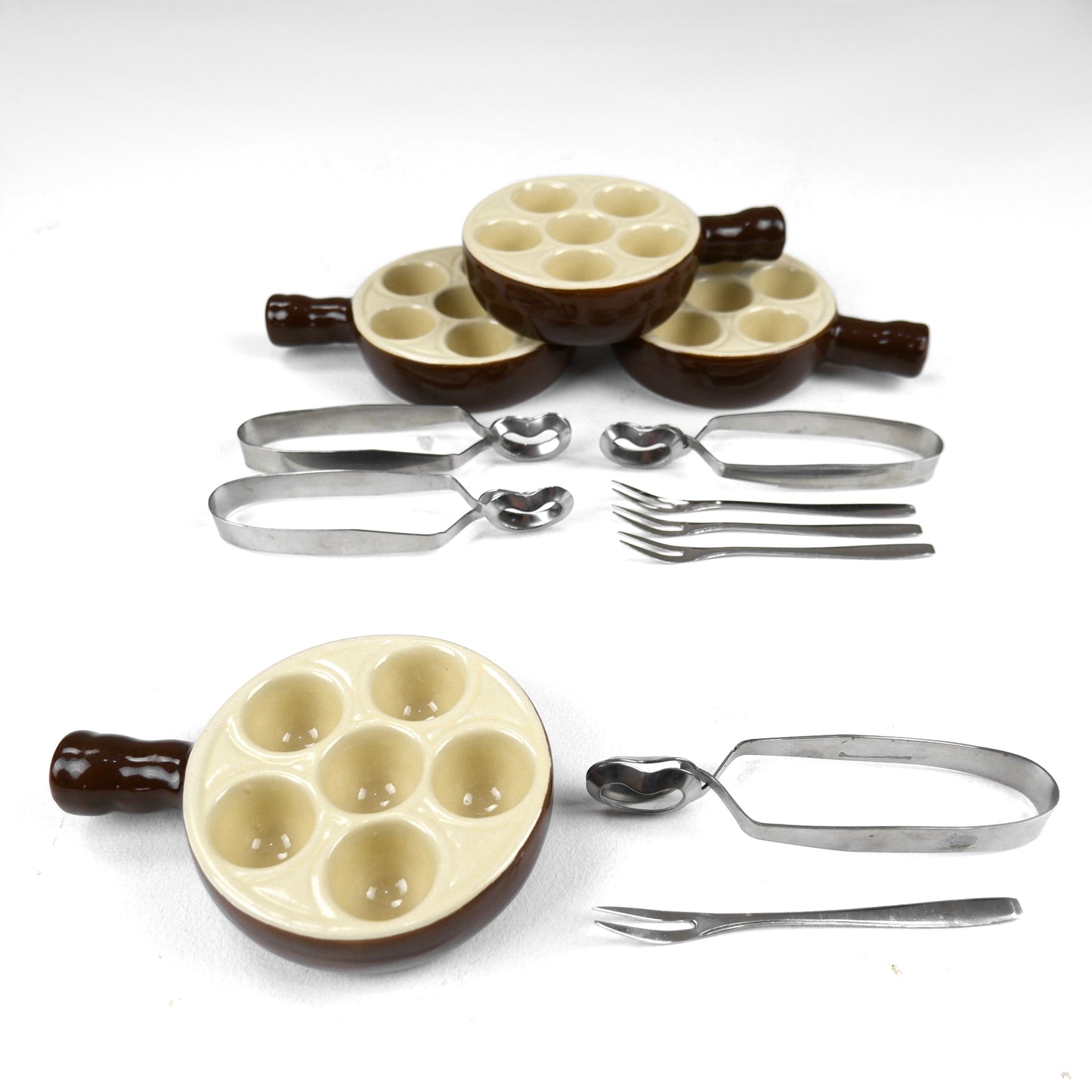 Vintage French EMILE HENRY Escargot Dishes with Snail Forks and Tongs - Mid Century Dining/Kitchen