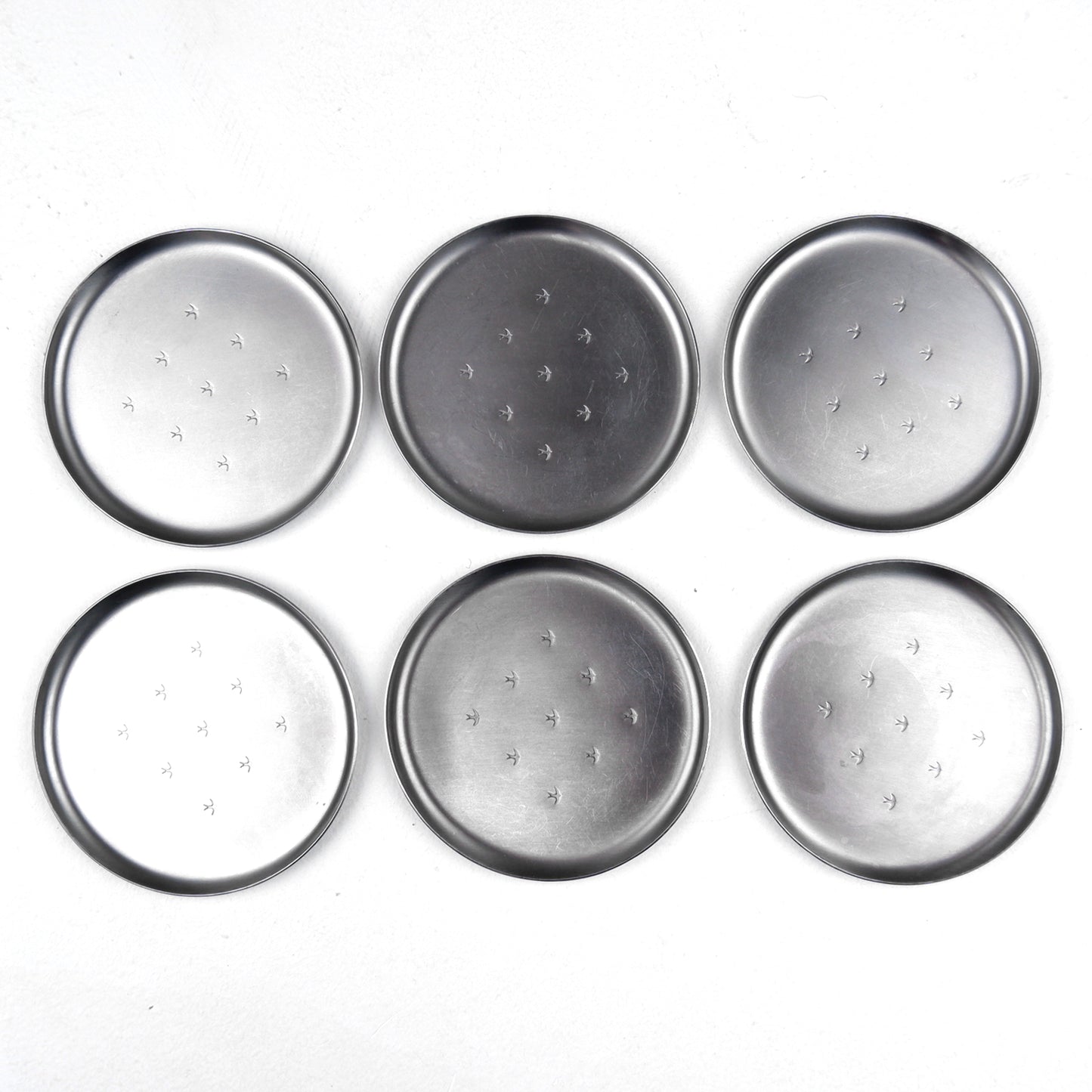 Mid Century L.R.I. Borrowdale Stainless Steel Drinks Coasters with etched Bird Design - Set of 6