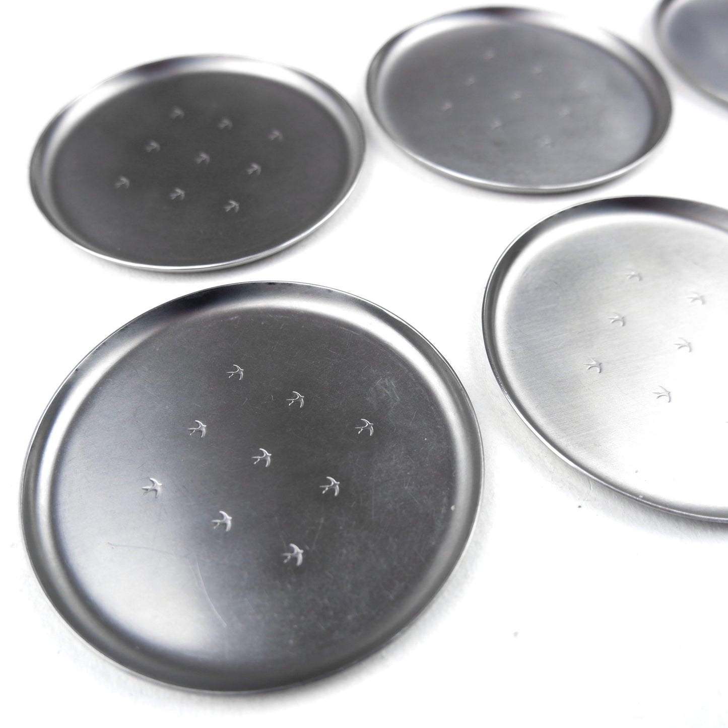Mid Century L.R.I. Borrowdale Stainless Steel Drinks Coasters with etched Bird Design - Set of 6