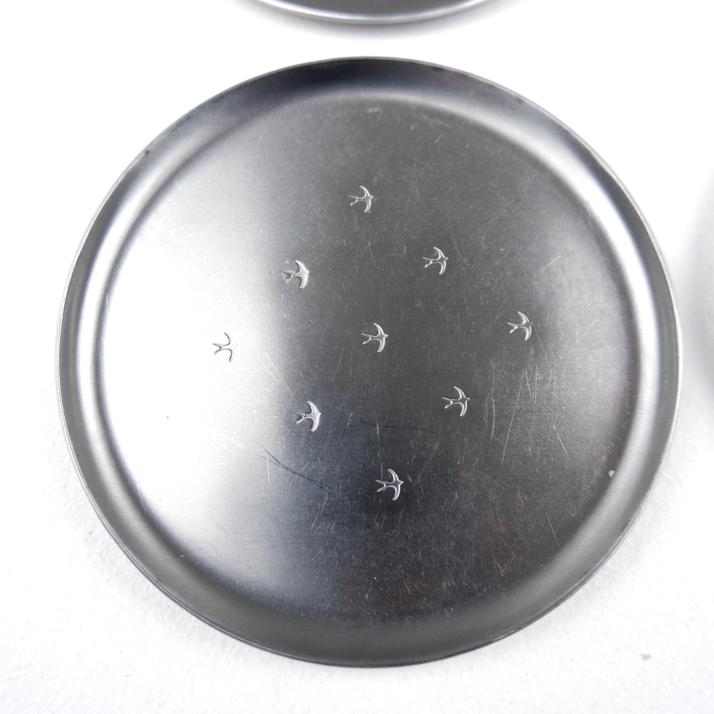 Mid Century L.R.I. Borrowdale Stainless Steel Drinks Coasters with etched Bird Design - Set of 6