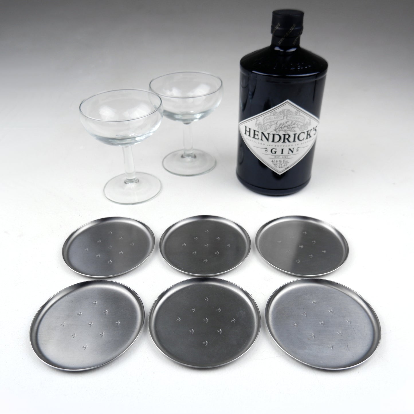 Mid Century L.R.I. Borrowdale Stainless Steel Drinks Coasters with etched Bird Design - Set of 6