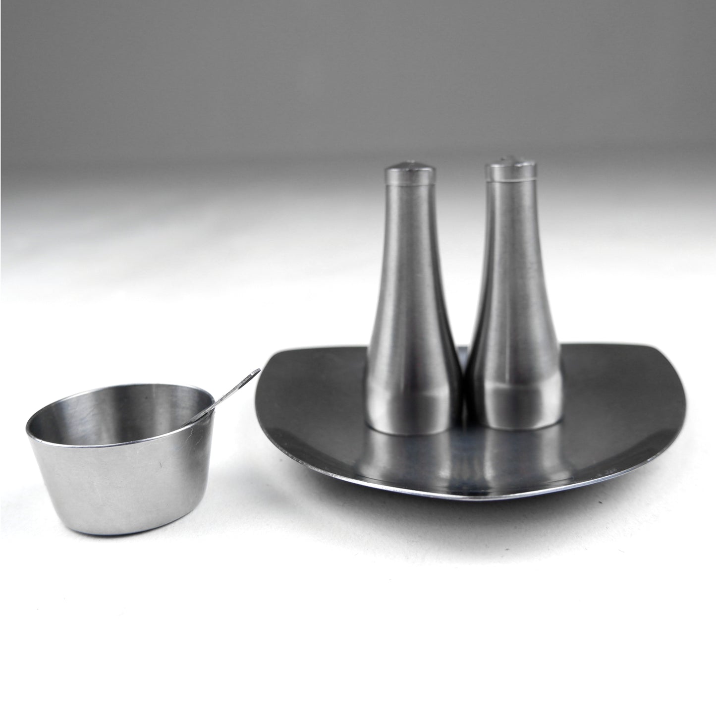 Mid Century Old Hall Cruet Set in Stainless Steel - Modernist