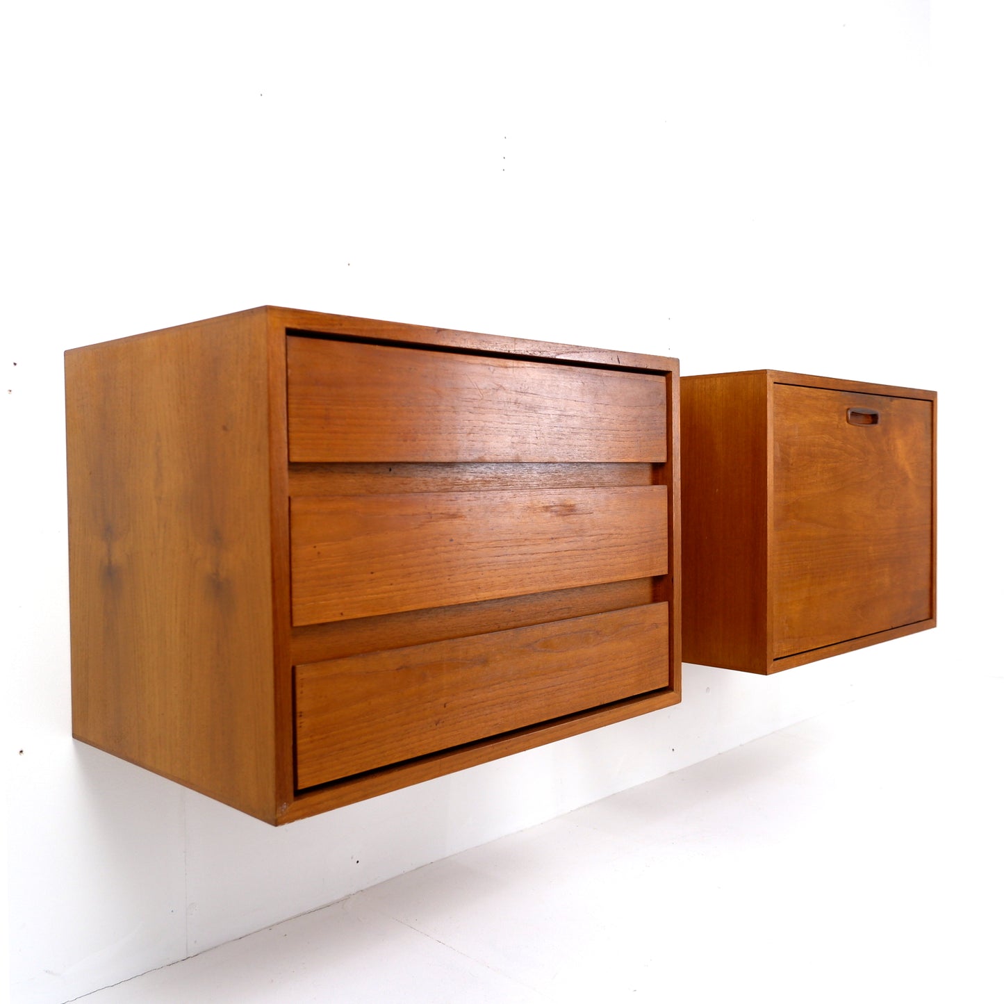 Mid Century Floating Teak Wall Units - Drinks Cabinet & Chest of Draws - Side board/Cutlery draw