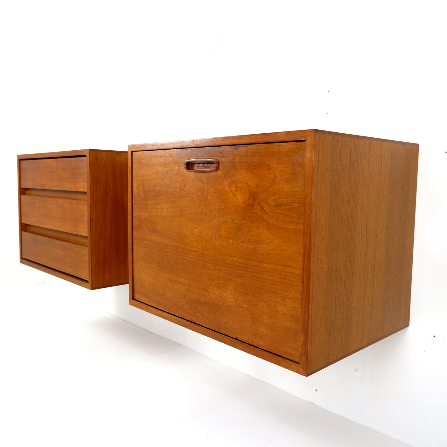 Mid Century Floating Teak Wall Units - Drinks Cabinet & Chest of Draws - Side board/Cutlery draw