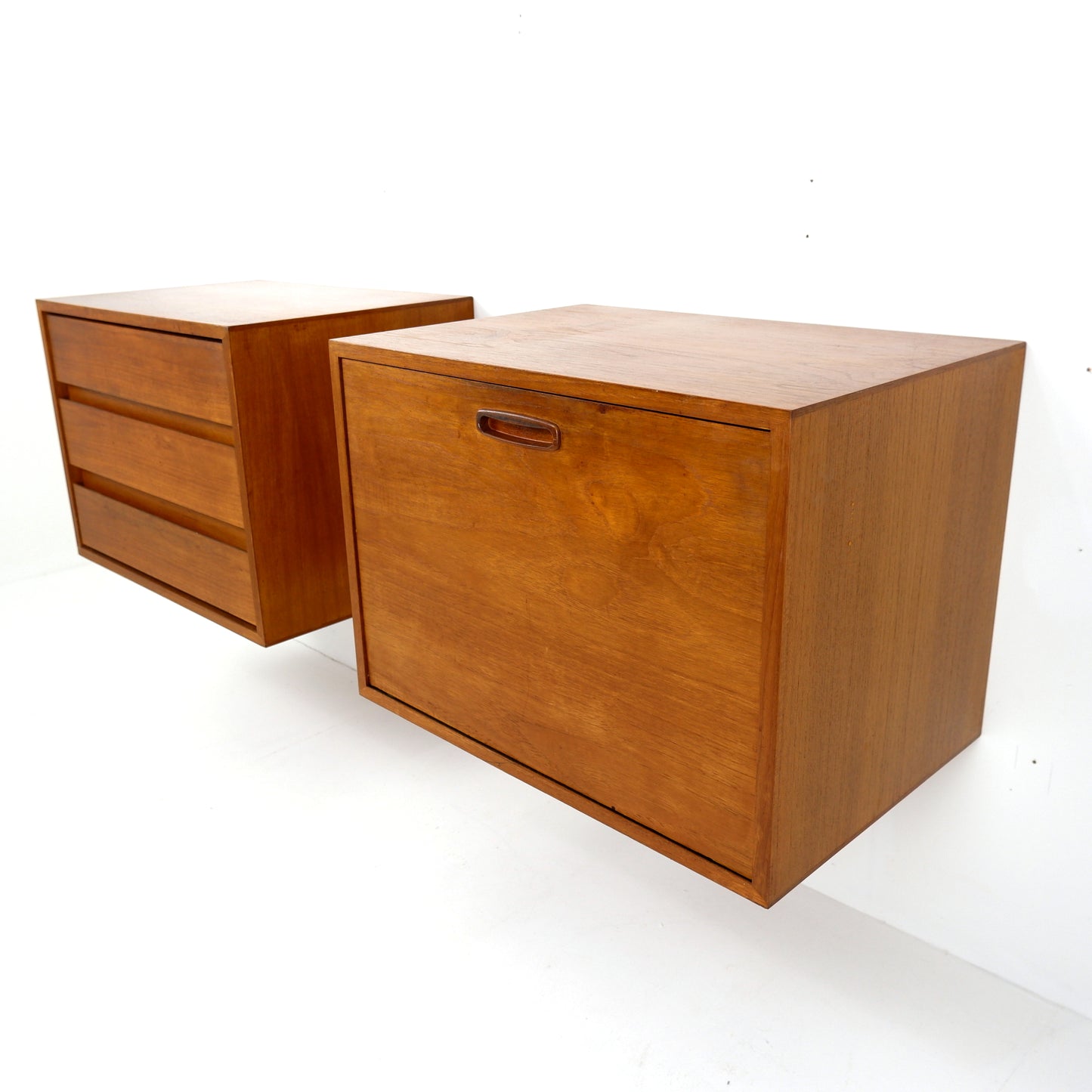 Mid Century Floating Teak Wall Units - Drinks Cabinet & Chest of Draws - Side board/Cutlery draw