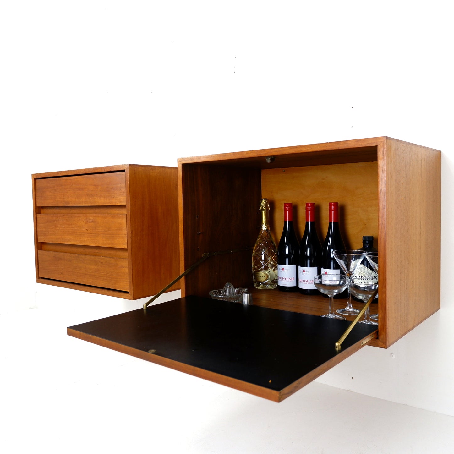 Mid Century Floating Teak Wall Units - Drinks Cabinet & Chest of Draws - Side board/Cutlery draw
