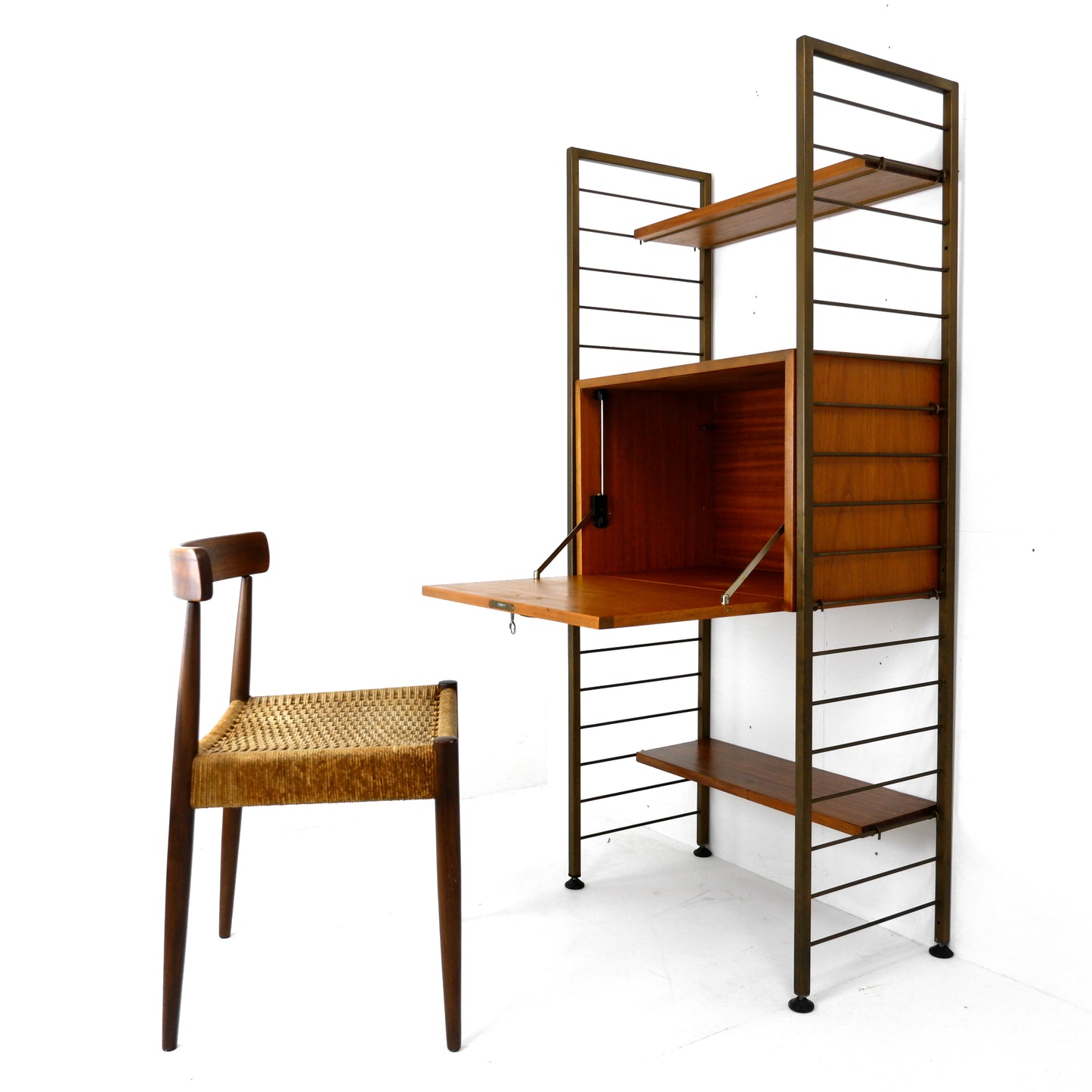 Ladderax Desk/Drinks Cabinet with Shelves - Mid Century Teak Modular Ladder Wall Unit Shelving