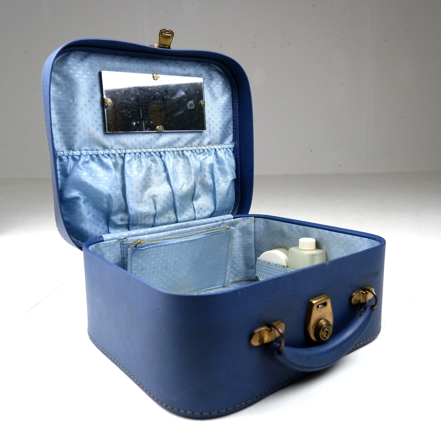Vintage 1950's Vanity Case with Mirror, Key, Original Box, Bottles - Blue Mid Century