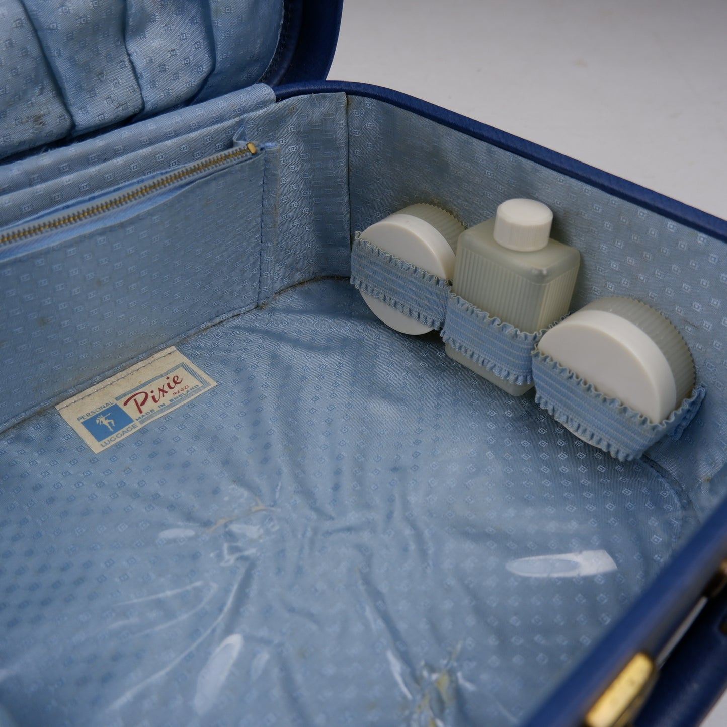 Vintage 1950's Vanity Case with Mirror, Key, Original Box, Bottles - Blue Mid Century
