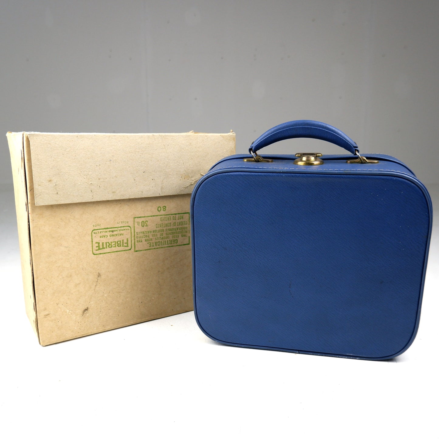 Vintage 1950's Vanity Case with Mirror, Key, Original Box, Bottles - Blue Mid Century