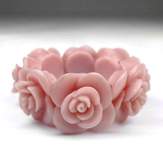 Vintage 1980's Pink Roses Resin Chunky Stretch Bracelet / Bangle