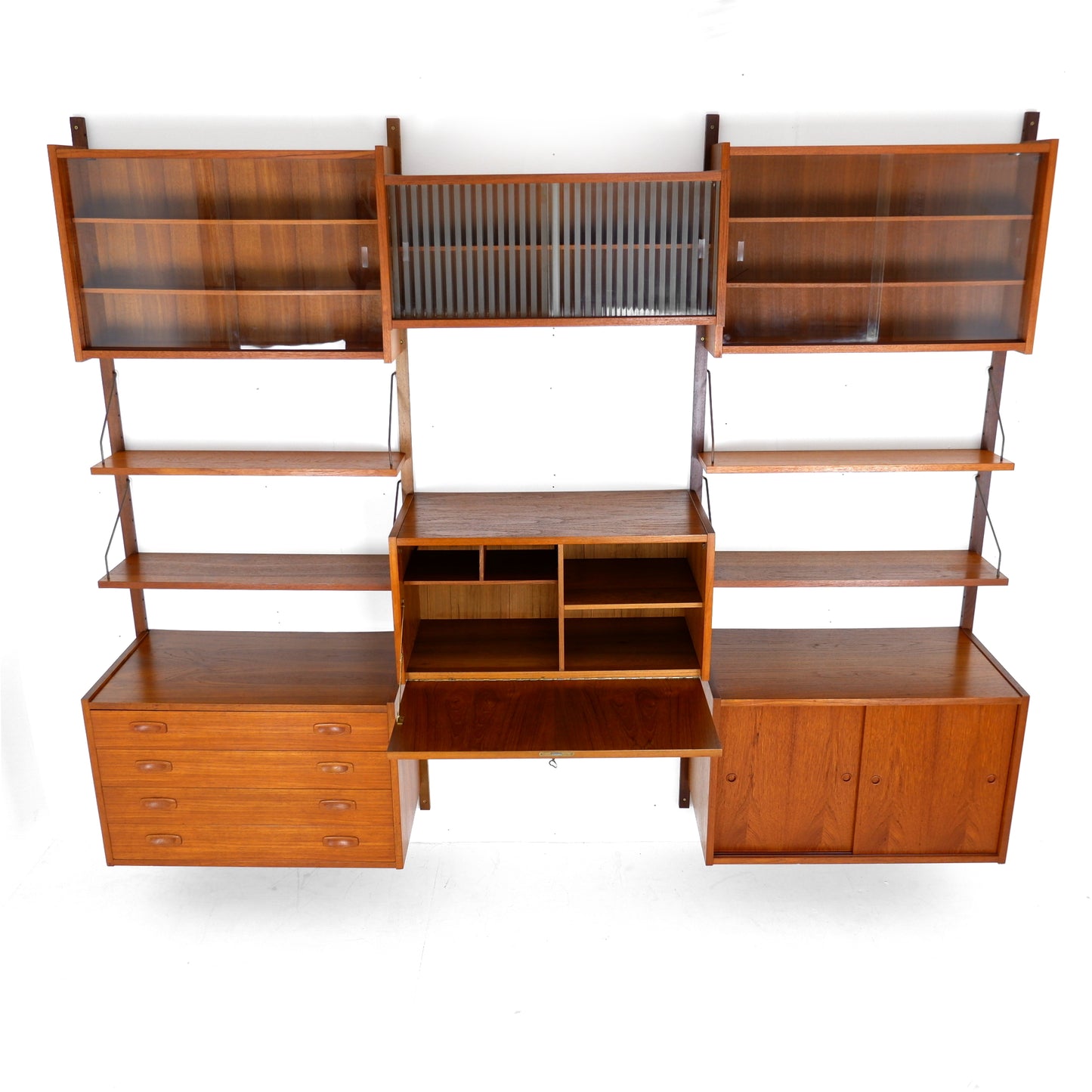 Mid Century Danish PS System Teak Wall Units -3 Bays - Desk, Bookshelves and Cabinets - Modular Ladder Shelving