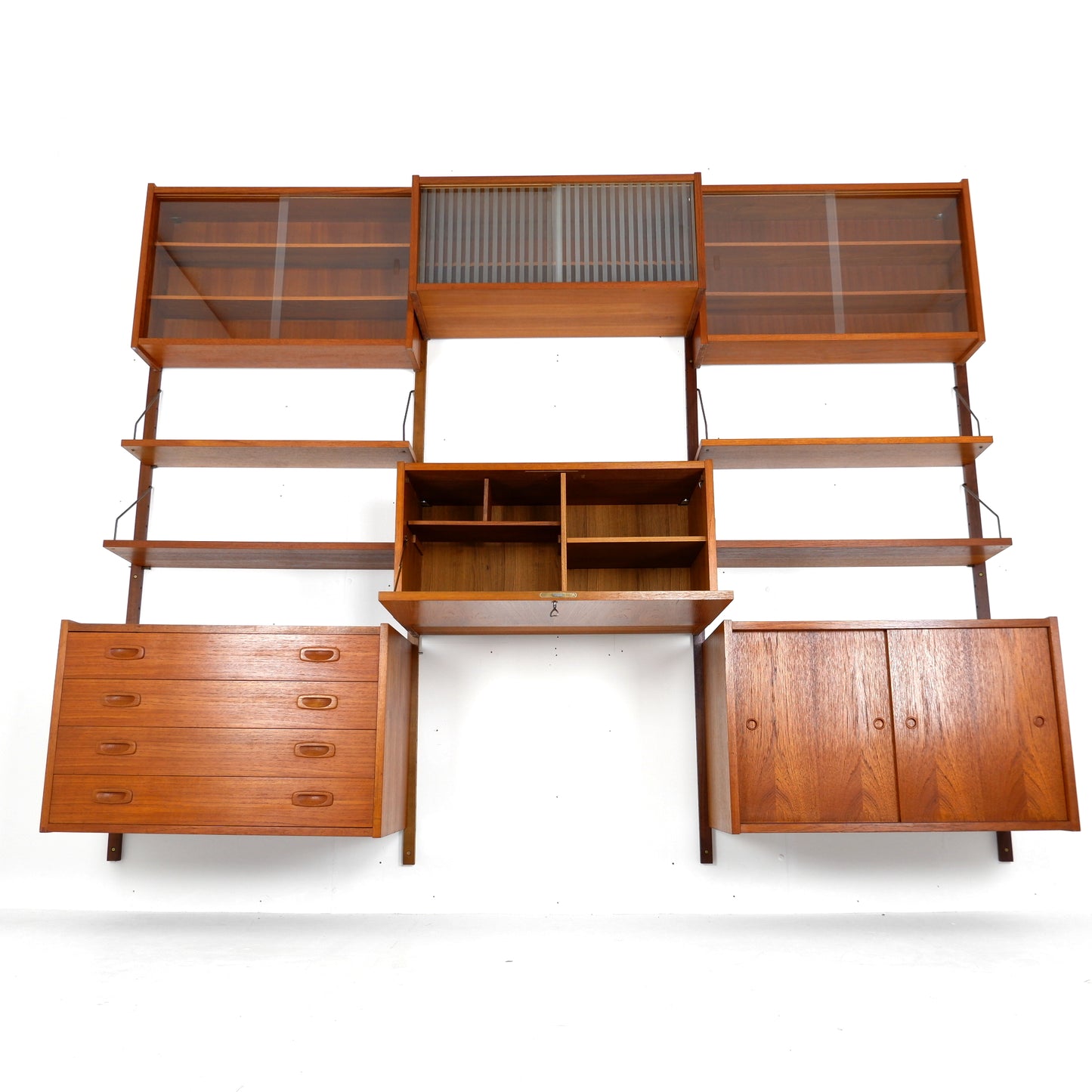 Mid Century Danish PS System Teak Wall Units -3 Bays - Desk, Bookshelves and Cabinets - Modular Ladder Shelving