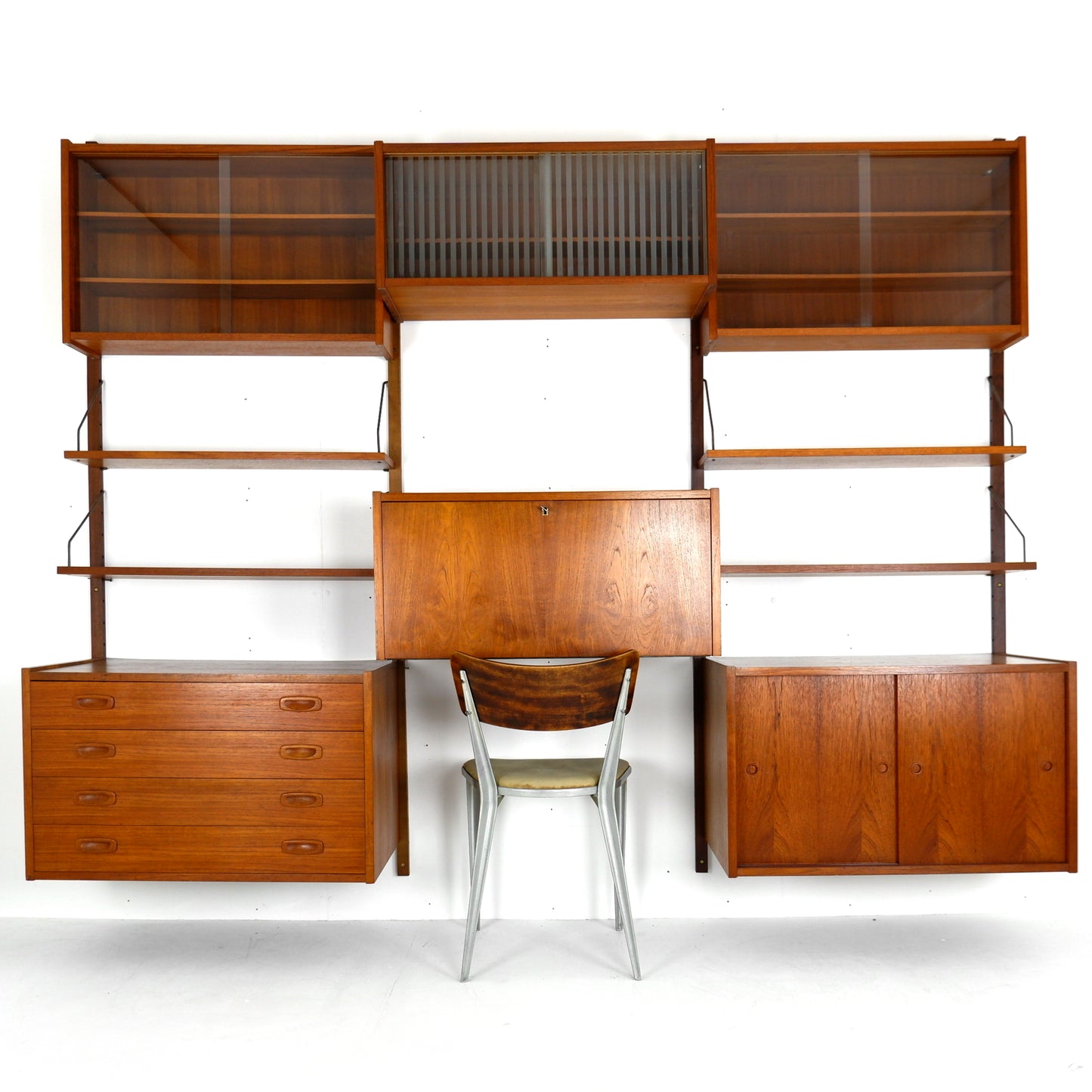 Mid Century Danish PS System Teak Wall Units -3 Bays - Desk, Bookshelves and Cabinets - Modular Ladder Shelving
