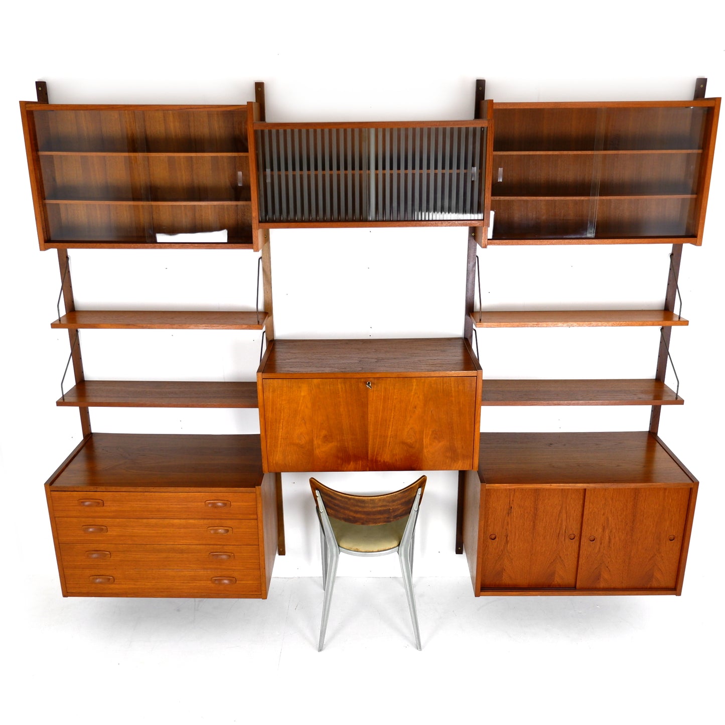 Mid Century Danish PS System Teak Wall Units -3 Bays - Desk, Bookshelves and Cabinets - Modular Ladder Shelving