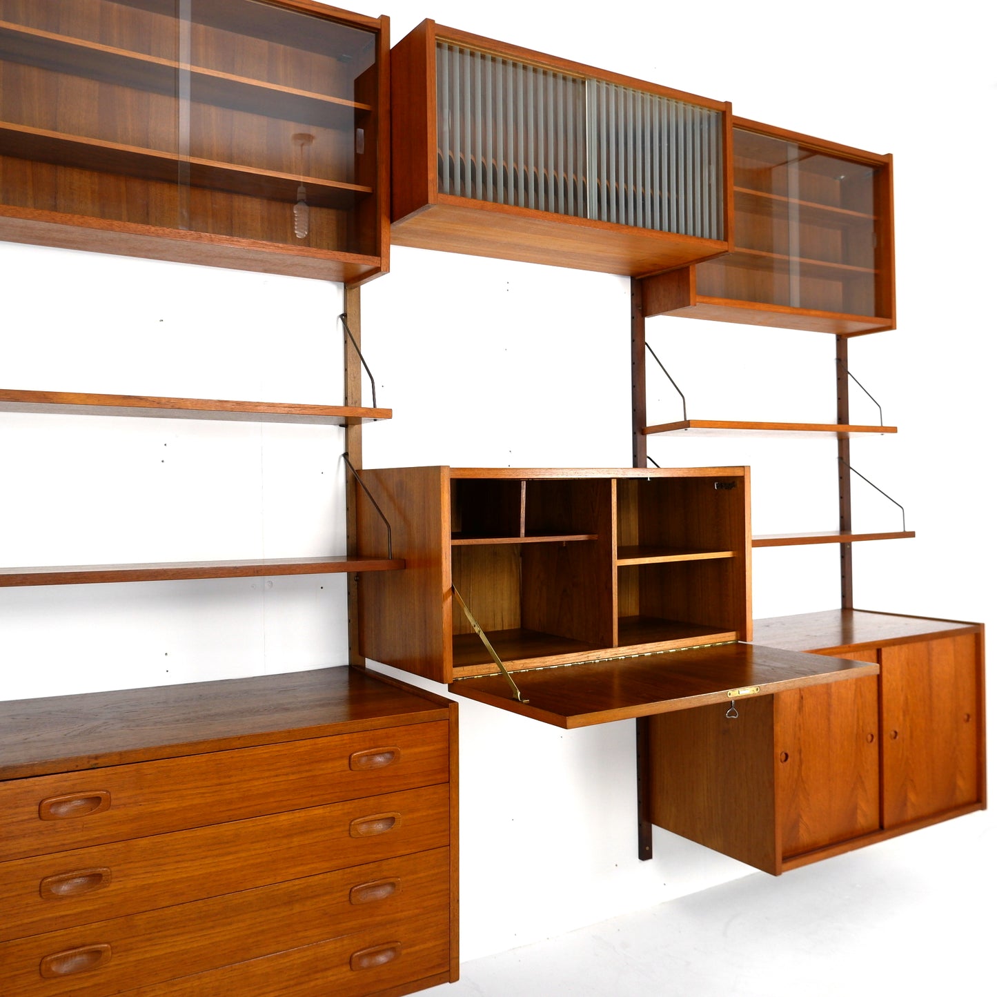 Mid Century Danish PS System Teak Wall Units -3 Bays - Desk, Bookshelves and Cabinets - Modular Ladder Shelving