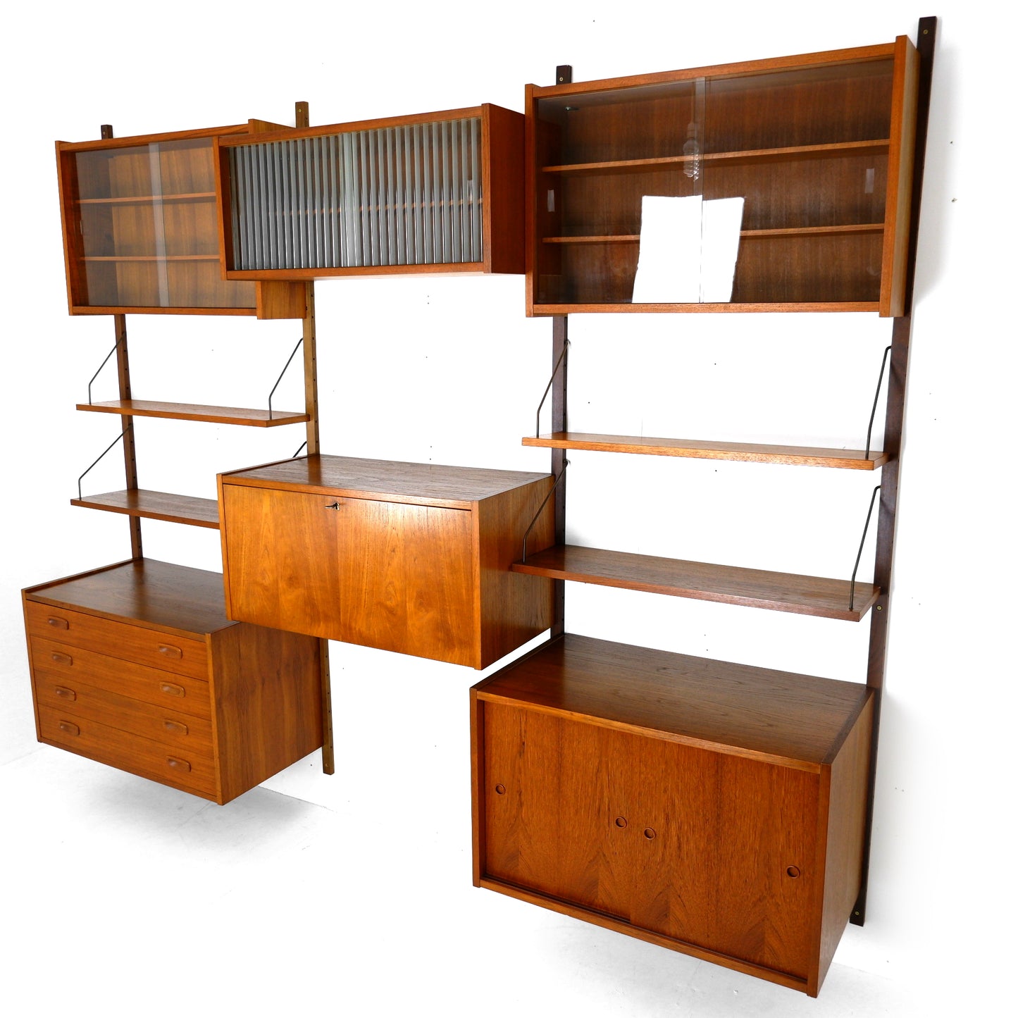Mid Century Danish PS System Teak Wall Units -3 Bays - Desk, Bookshelves and Cabinets - Modular Ladder Shelving