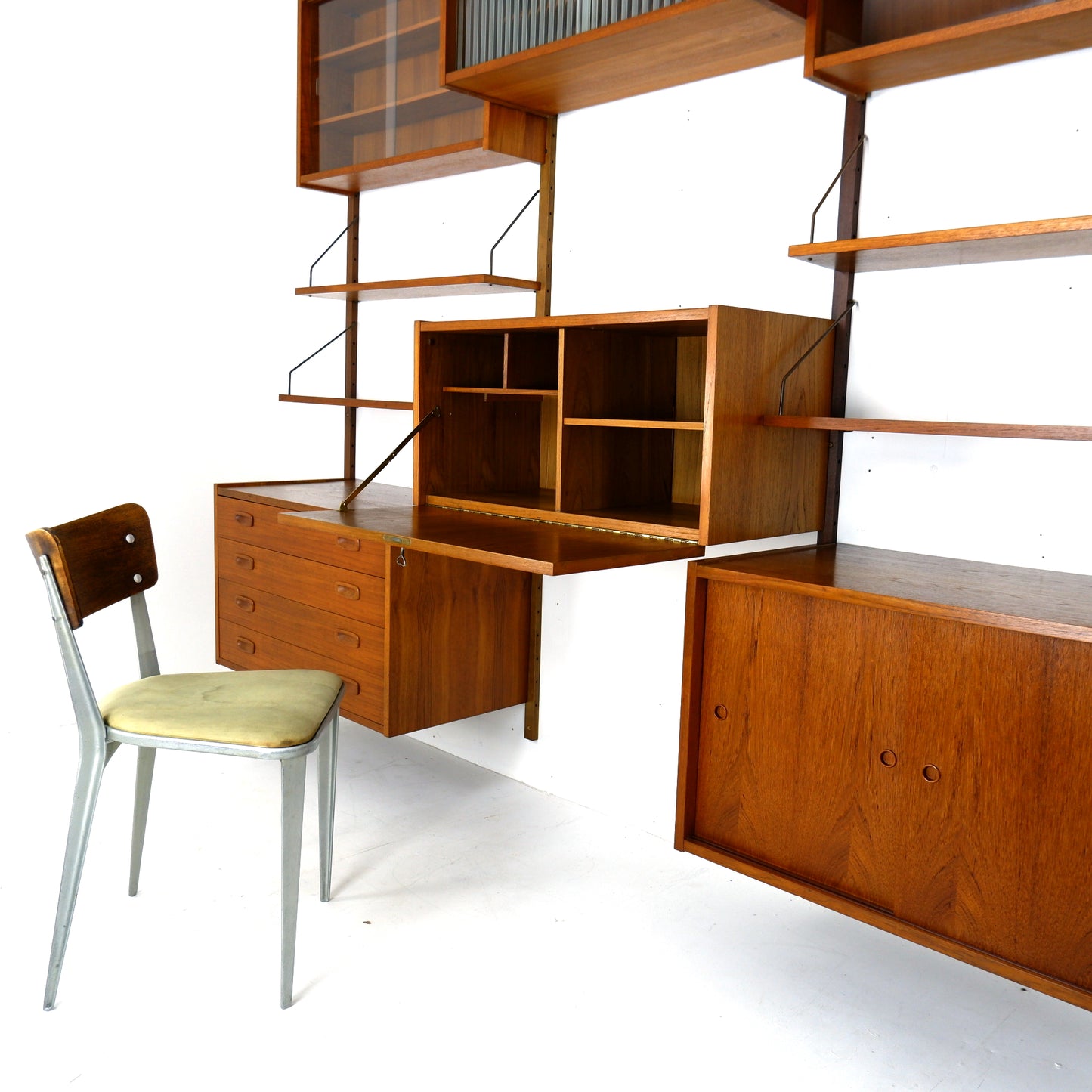 Mid Century Danish PS System Teak Wall Units -3 Bays - Desk, Bookshelves and Cabinets - Modular Ladder Shelving