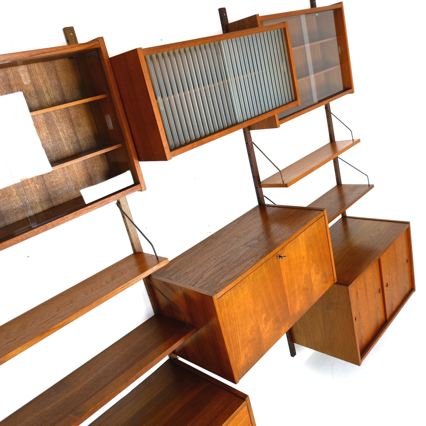 Mid Century Danish PS System Teak Wall Units -3 Bays - Desk, Bookshelves and Cabinets - Modular Ladder Shelving