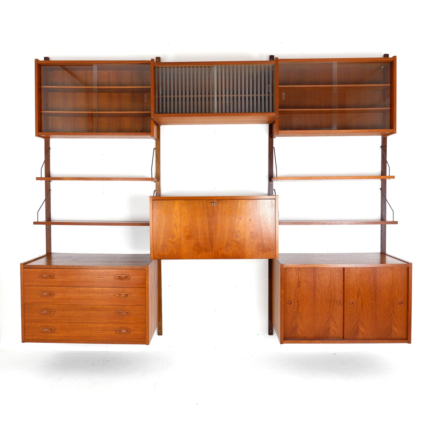 Mid Century Danish PS System Teak Wall Units -3 Bays - Desk, Bookshelves and Cabinets - Modular Ladder Shelving
