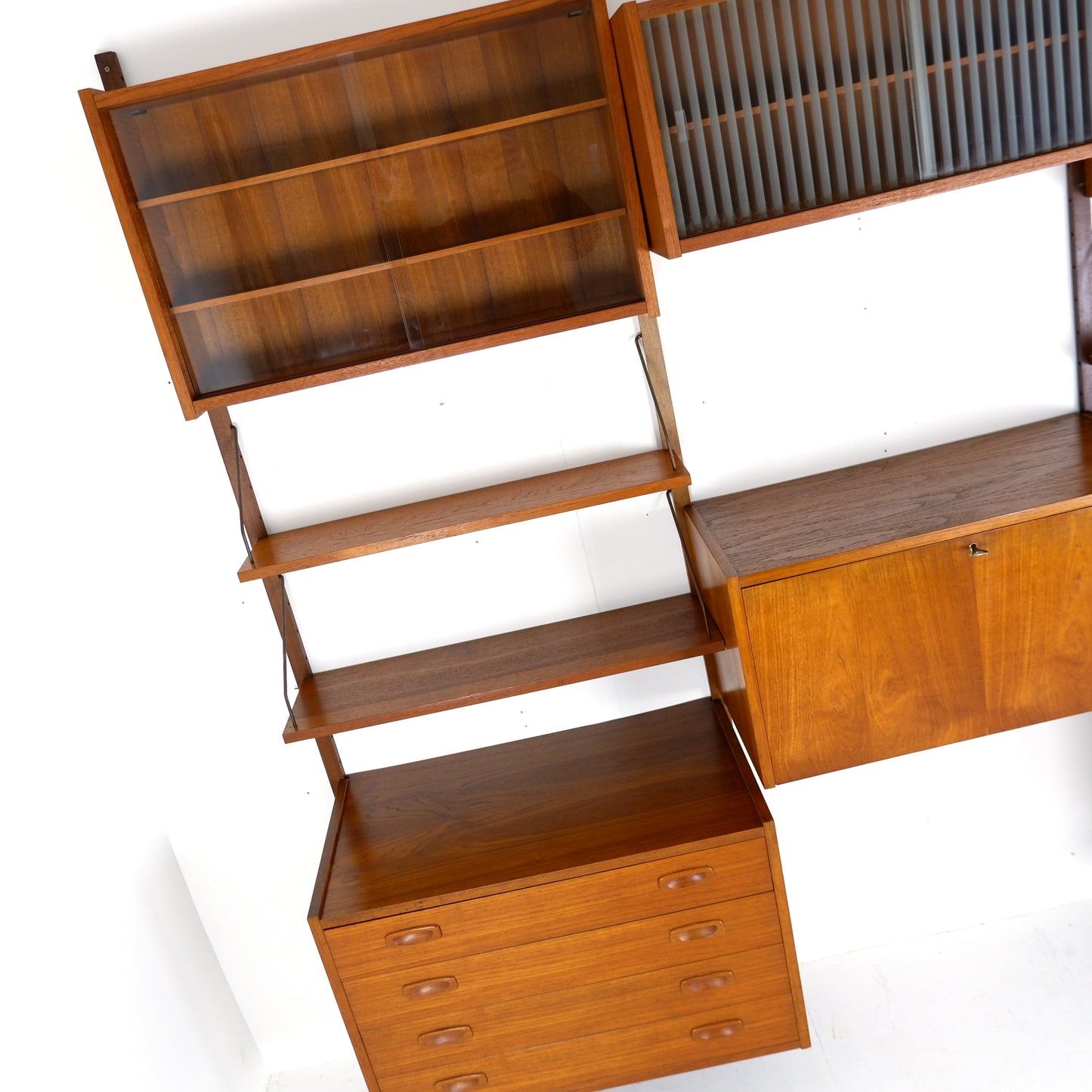 Mid Century Danish PS System Teak Wall Units -3 Bays - Desk, Bookshelves and Cabinets - Modular Ladder Shelving