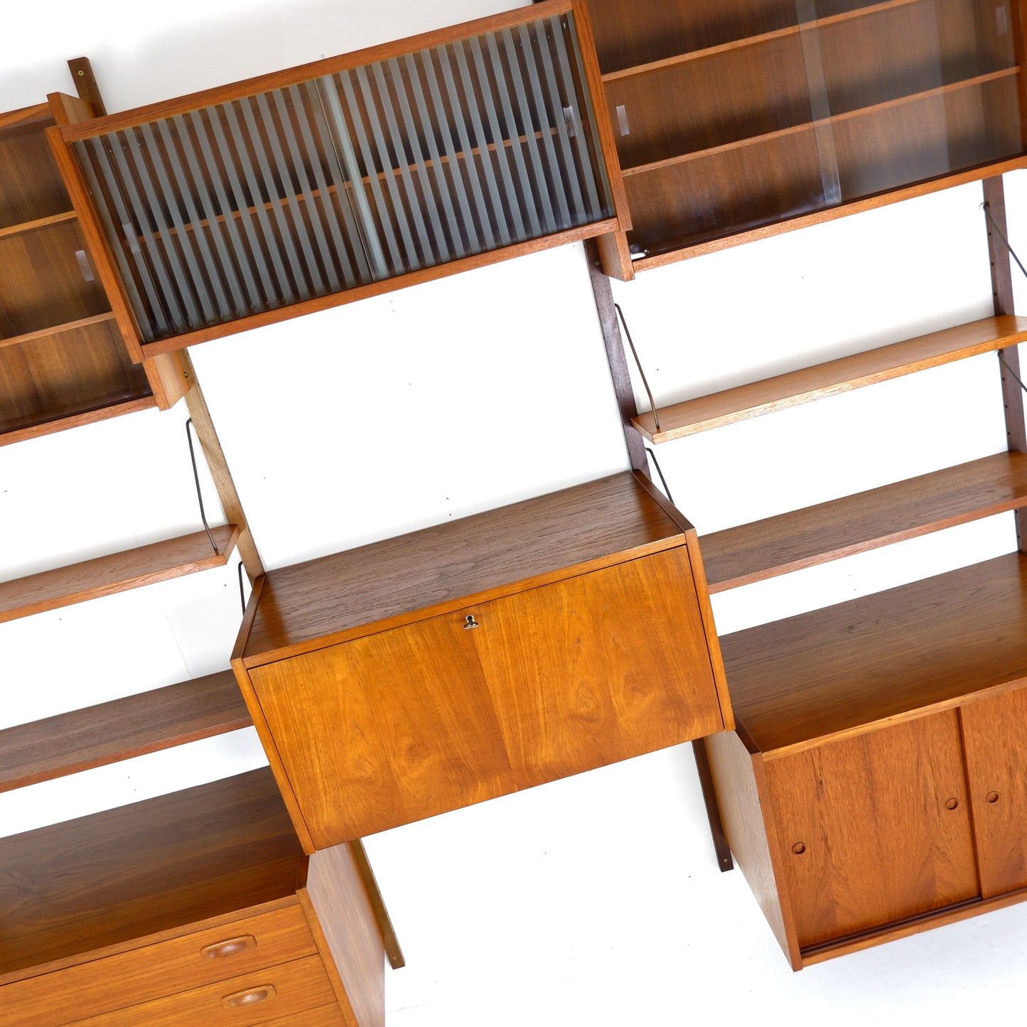 Mid Century Danish PS System Teak Wall Units -3 Bays - Desk, Bookshelves and Cabinets - Modular Ladder Shelving