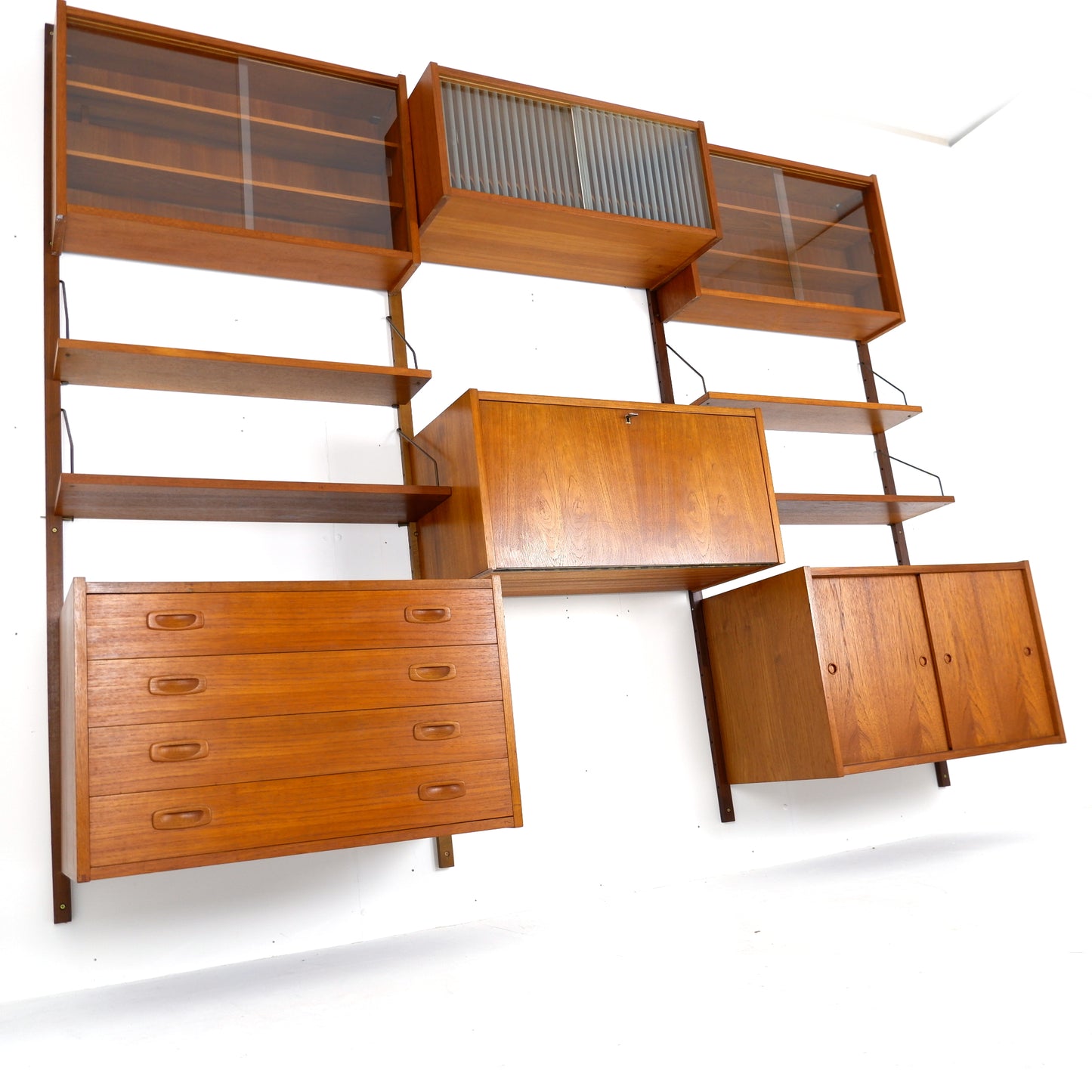Mid Century Danish PS System Teak Wall Units -3 Bays - Desk, Bookshelves and Cabinets - Modular Ladder Shelving