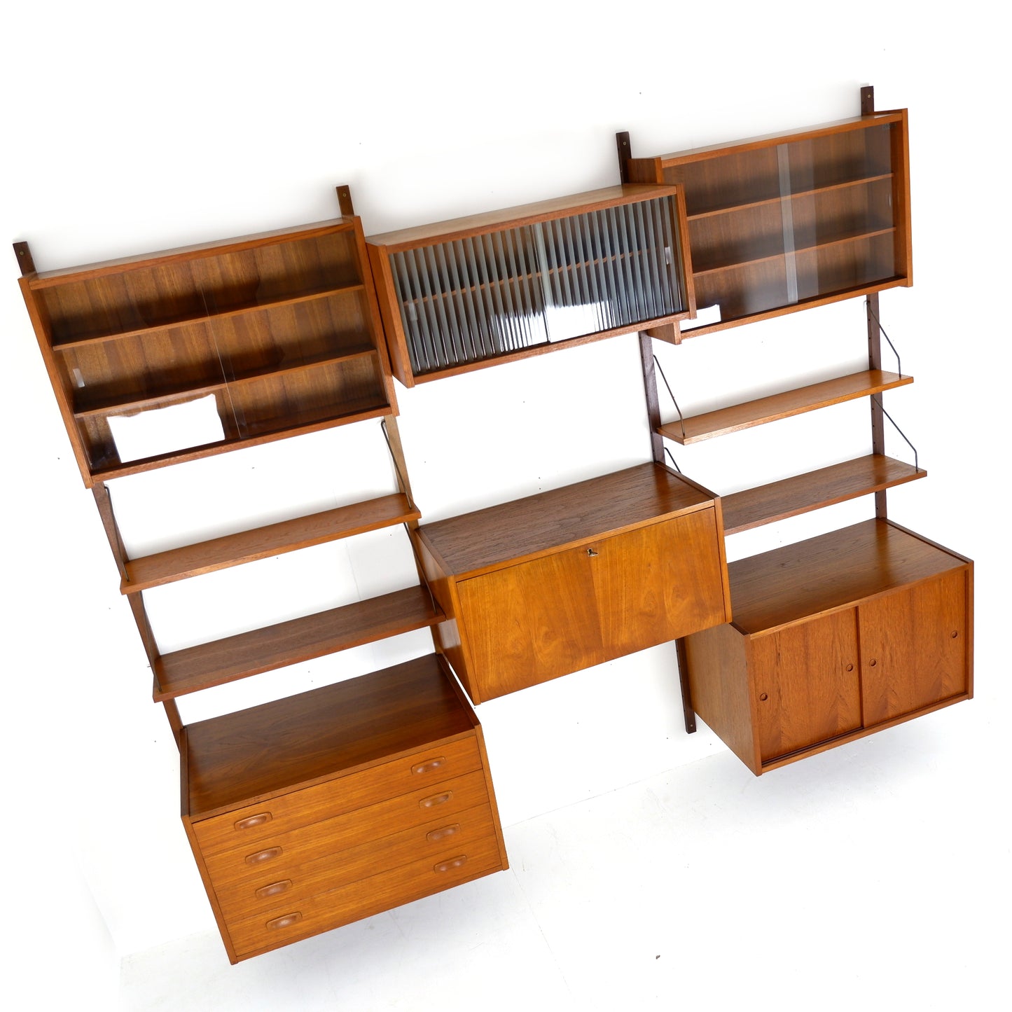 Mid Century Danish PS System Teak Wall Units -3 Bays - Desk, Bookshelves and Cabinets - Modular Ladder Shelving