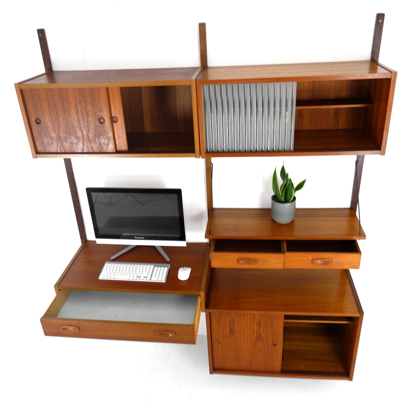 Danish PS System Teak Wall Units - 2 Bays - Desk, Bookshelves and Cabinets - Modular Ladder Shelving