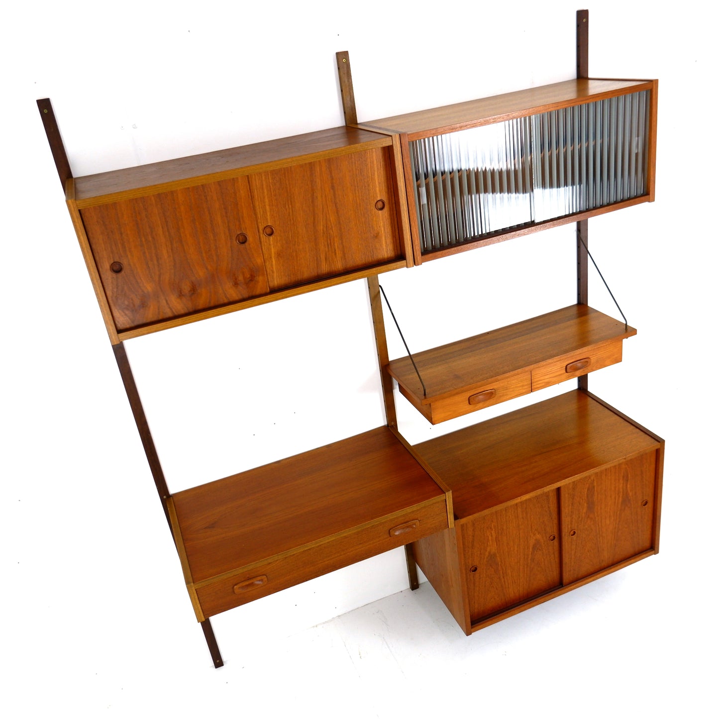 Danish PS System Teak Wall Units - 2 Bays - Desk, Bookshelves and Cabinets - Modular Ladder Shelving