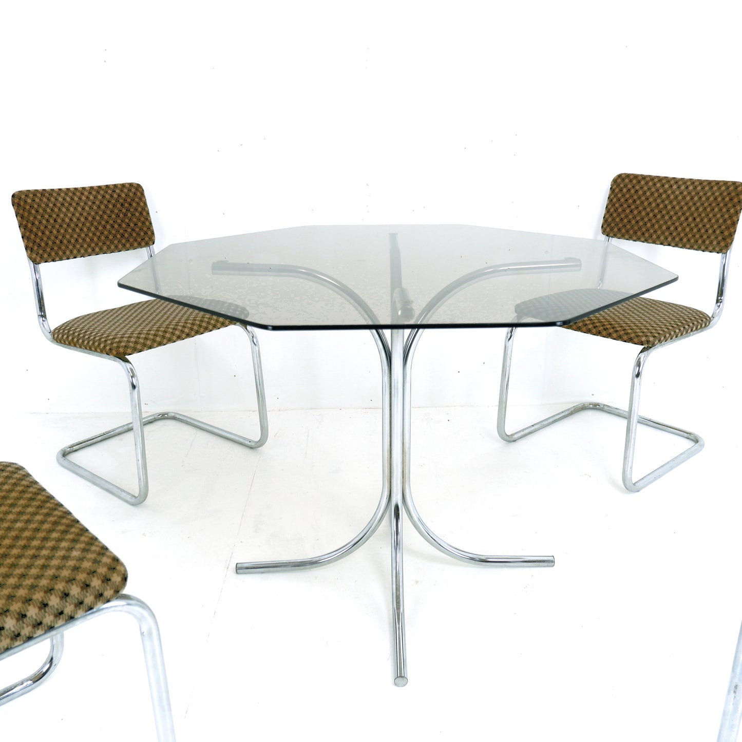 Set 4 Mid Century Cesca Style Cantilever Dining Chairs & Smoked Glass Table - Tubular Steel