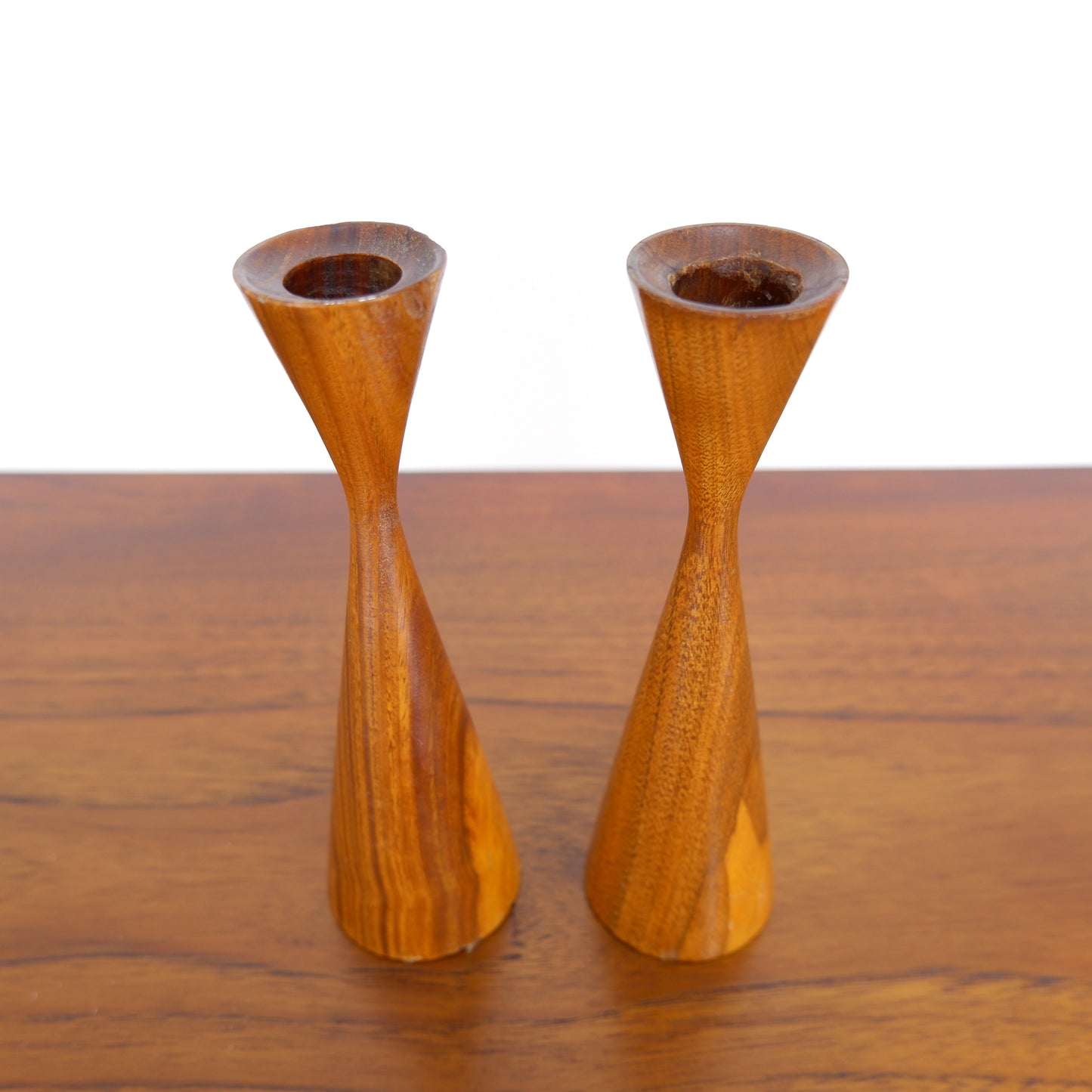 Mid Century Wooden Teak Candlesticks - Danish Influence - Vintage