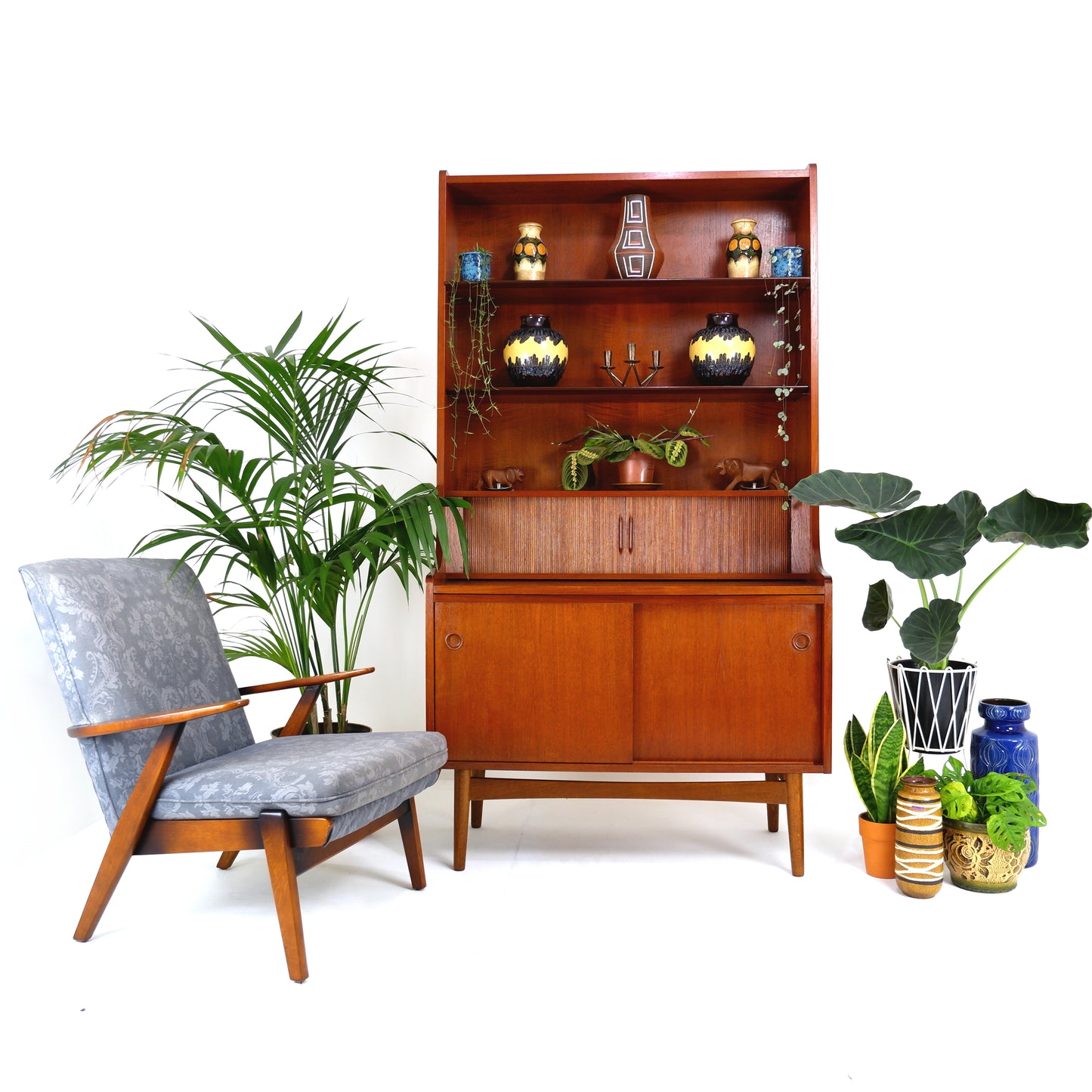Mid Century Parker Knoll Armchair Model PK737 in Teak with Blue Damask Fabric