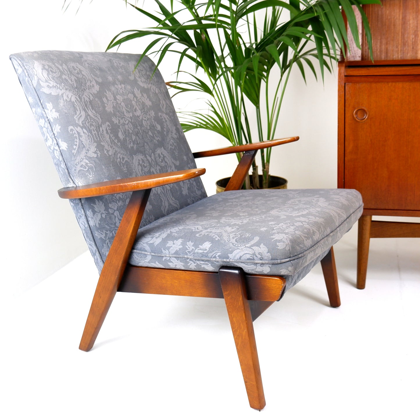 Mid Century Parker Knoll Armchair Model PK737 in Teak with Blue Damask Fabric