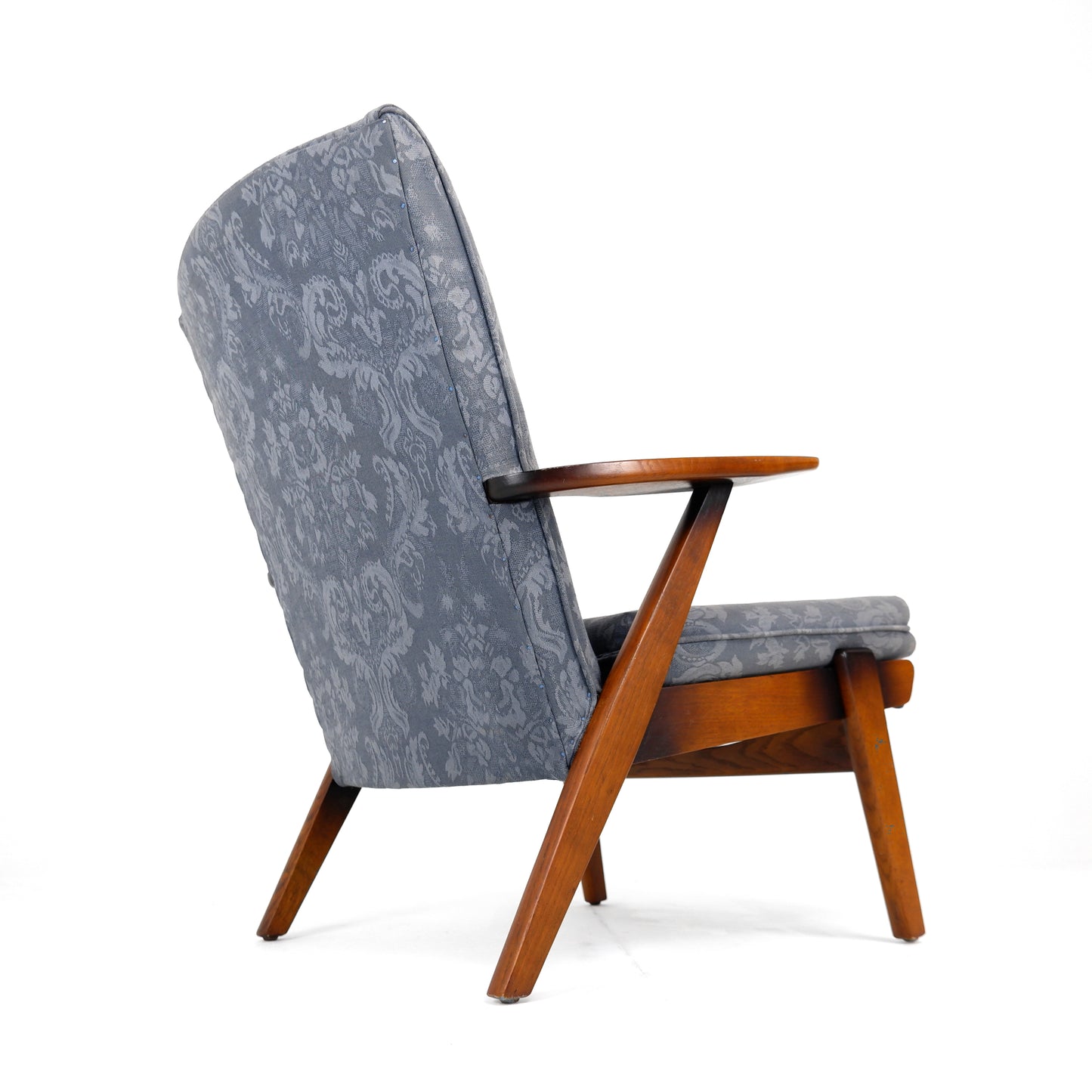 Mid Century Parker Knoll Armchair Model PK737 in Teak with Blue Damask Fabric