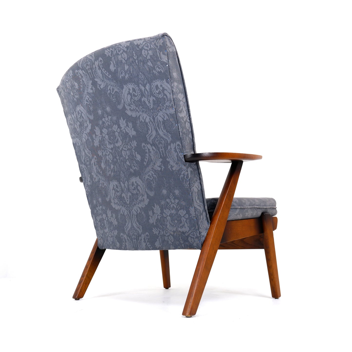 Mid Century Parker Knoll Armchair Model PK737 in Teak with Blue Damask Fabric